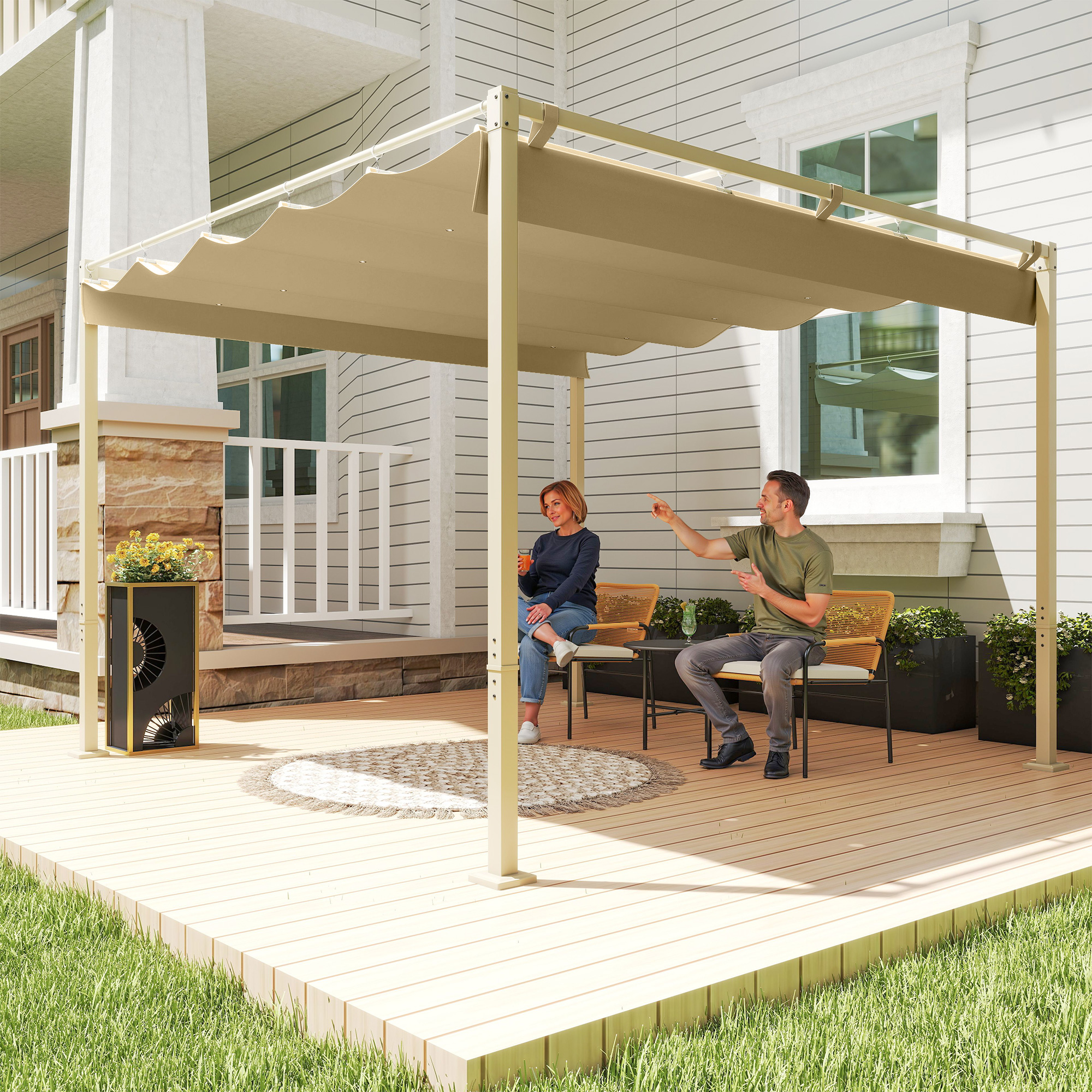 3 x 3 m Garten-Pergola mit einziehbarem Dach, Pavillon, Baldachin für Schatten, UPF30+, Khaki
