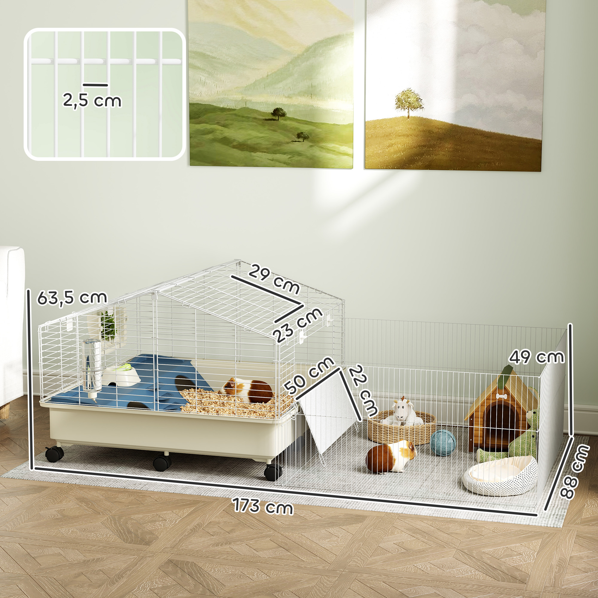 Kleintierkäfig, Balkon, Rampe, Futtertrog, Wasserflasche, 2-Ebenen-Design, Weiß