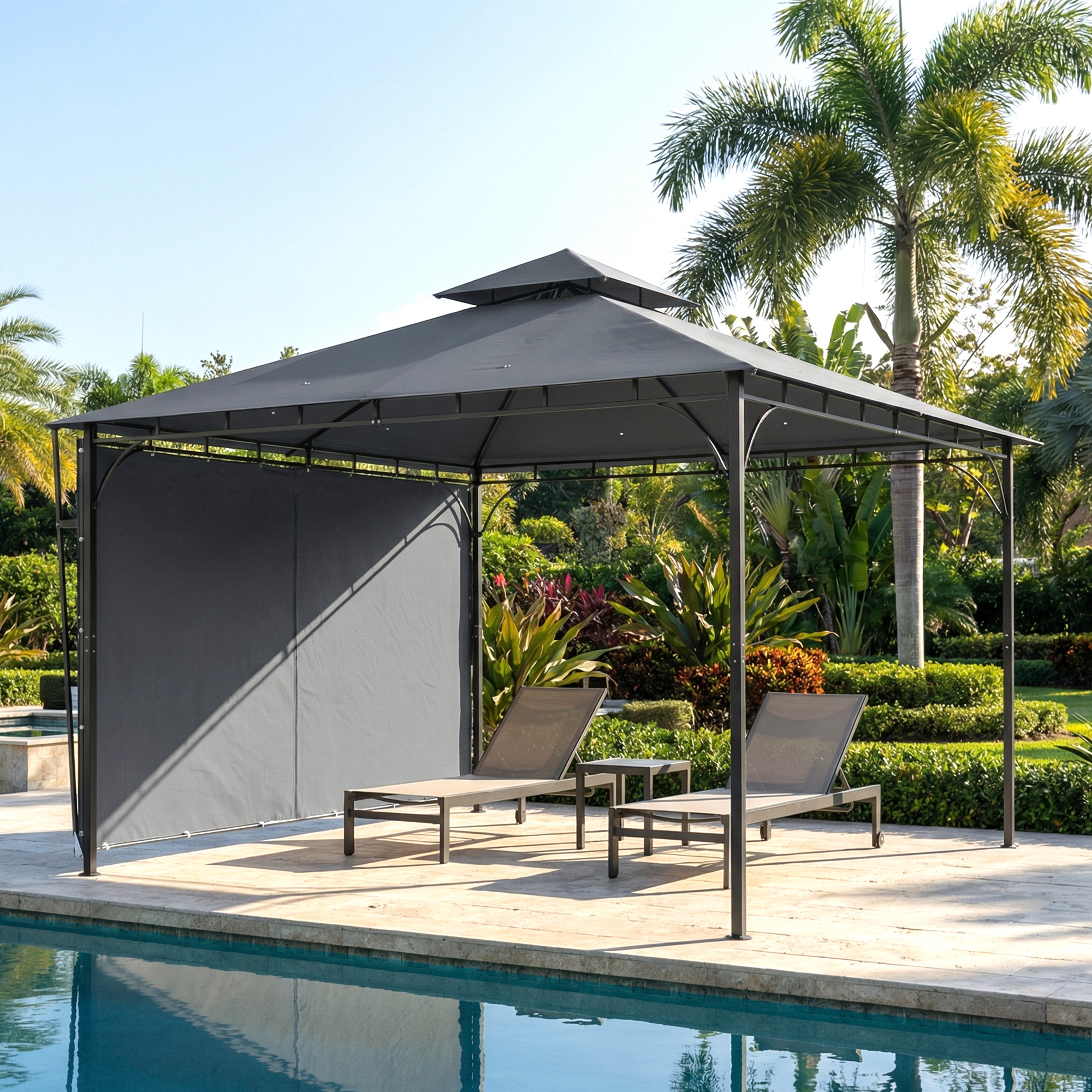 Pavillon 3,2x3,2 m Stabil Winterfest Gartenpavillon mit ausziehbaren Dachüberstand, Doppeldach Dunkelgrau