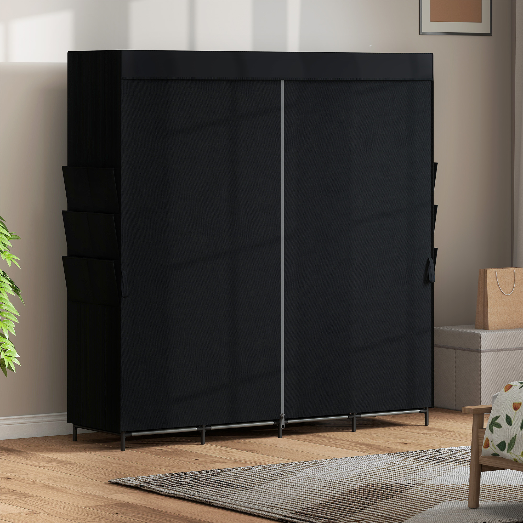 Stoff-Kleiderschrank, staubdicht, tragbar, 5 Kleiderstangen, 170 x 45 x 167 cm, Schwarz