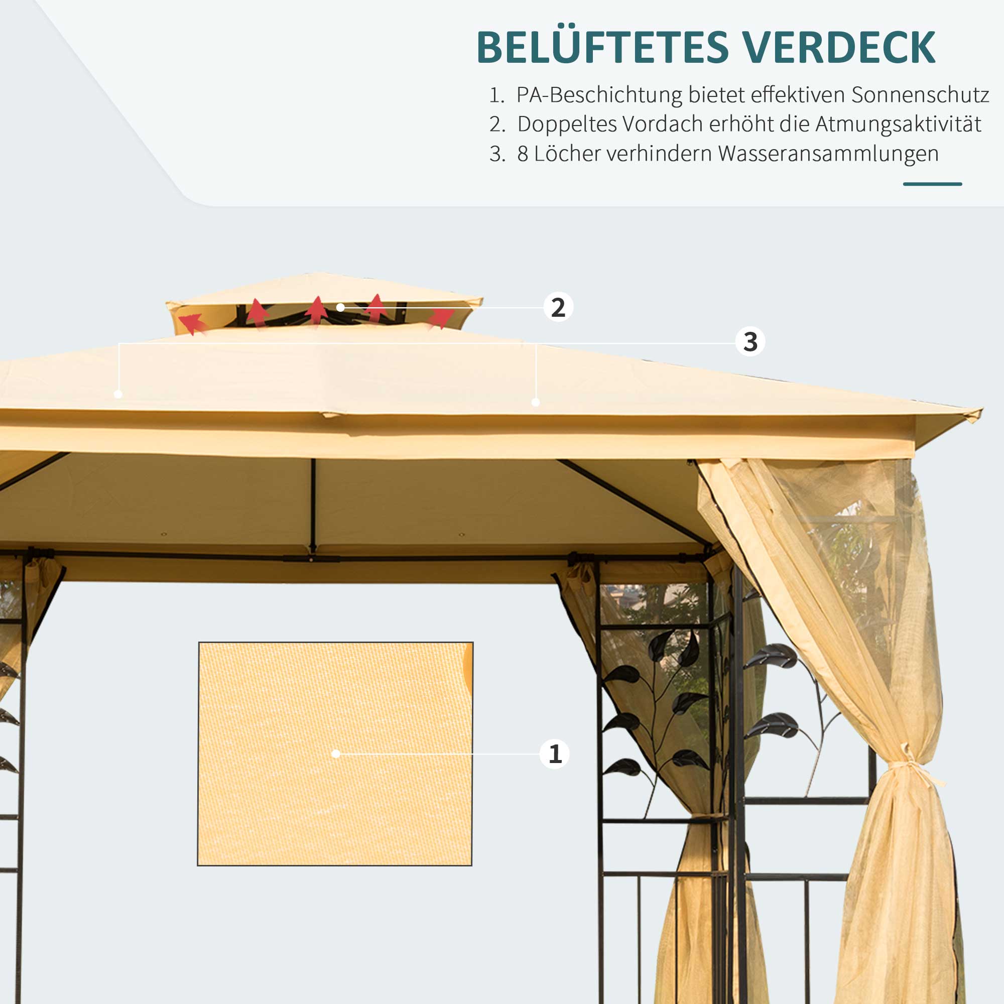 Luxus Pavillon 3x3 m Gartenpavillon mit Doppeldach Partyzelt mit Seitenteilen Festzelt Gartenzelt Pagode Beige