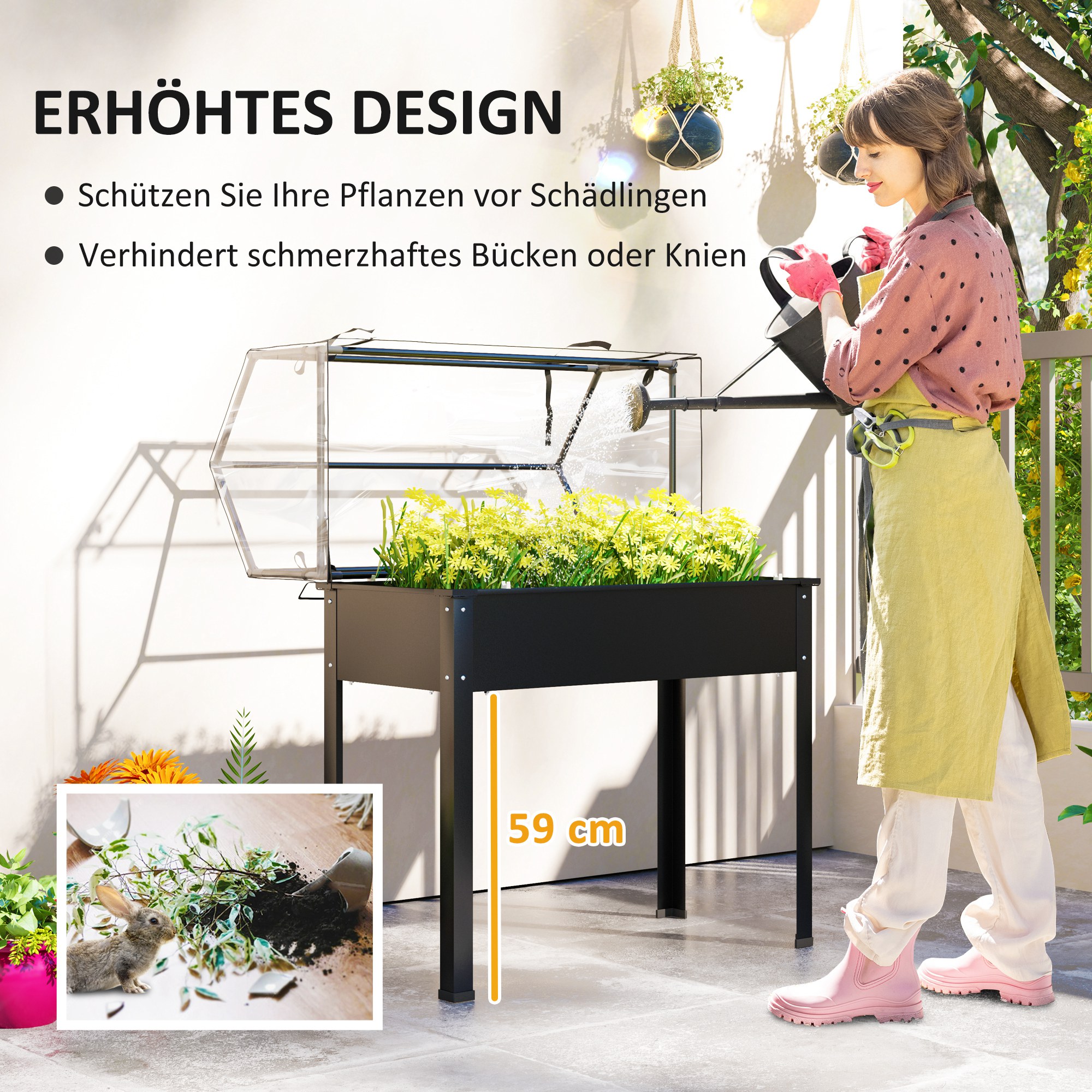 Hochbeet mit Gewächshaus-Dach, Erhöhte Pflanzenbox mit Ablauflöchern, 100 x 48 x 124 cm, Schwarz