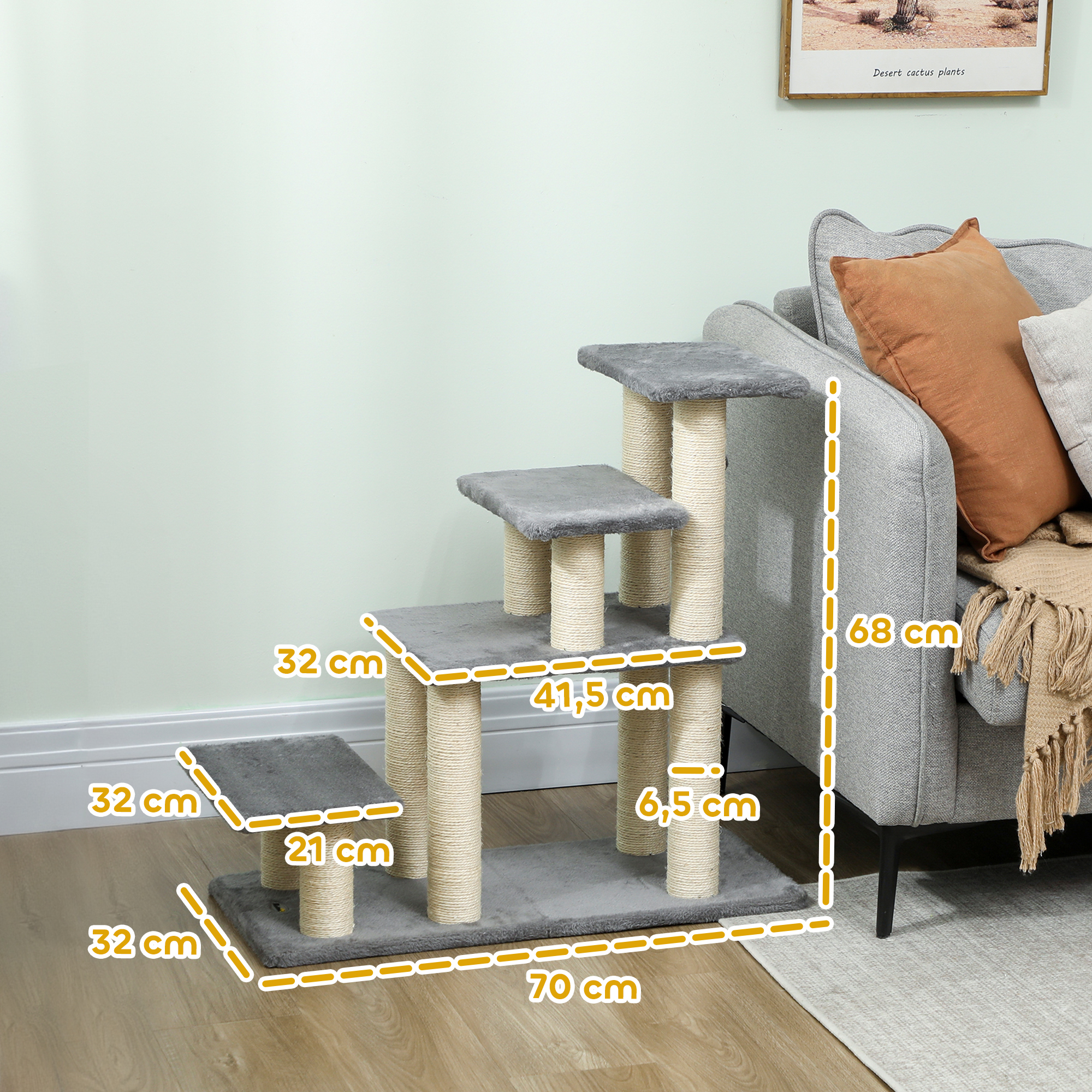 Hundetreppe 4 Stufen 68 cm Hoch verstellbar Haustiertreppe für Kleine Hunde Katzentreppe Sisal Kratzbäumen, Spielball