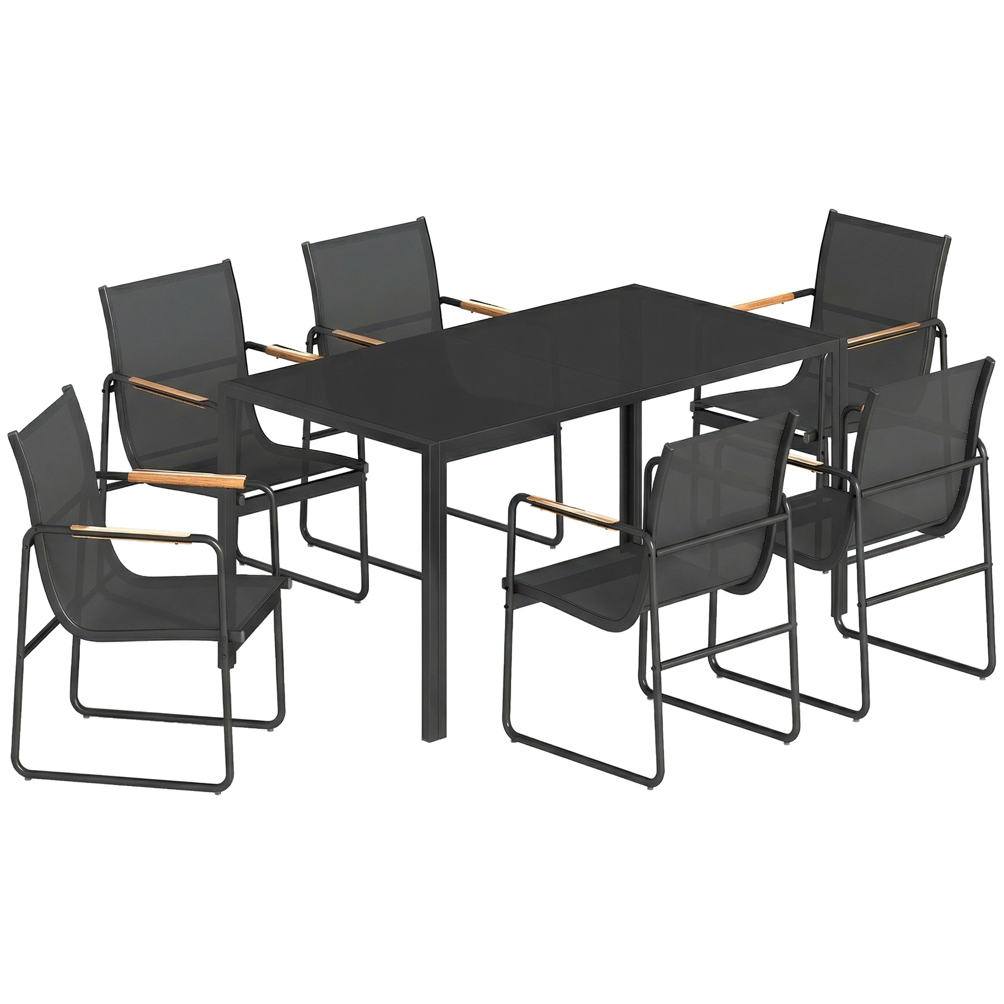 Gartenmöbel Set Sitzgruppe 150 x 80cm Glastisch mit 6 Atmungsaktiven Stühlen Dekorative Armlehnen Schwarz