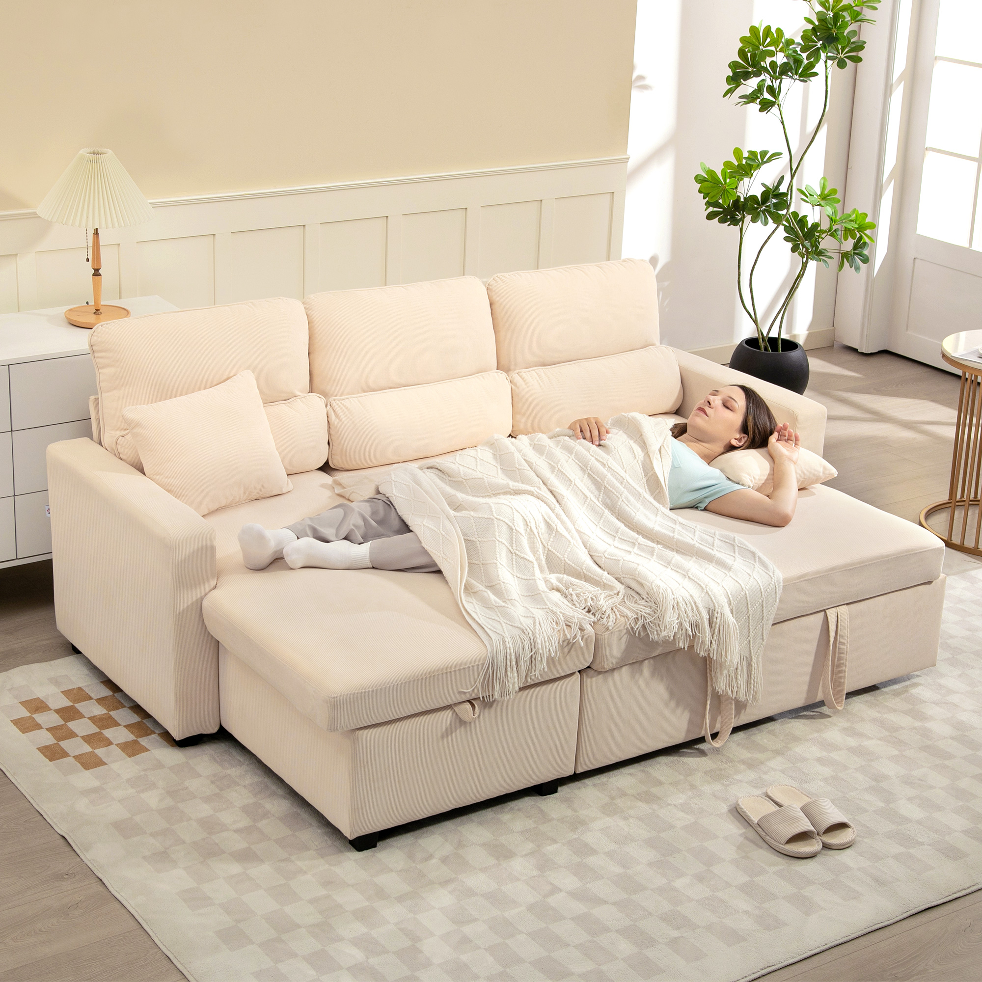 Verstellbares Bettsofa, L-förmiges Gästesofa mit Bettfunktion, Stauraum, Kissen, für Wohnzimmer, Gästezimmer, Beige
