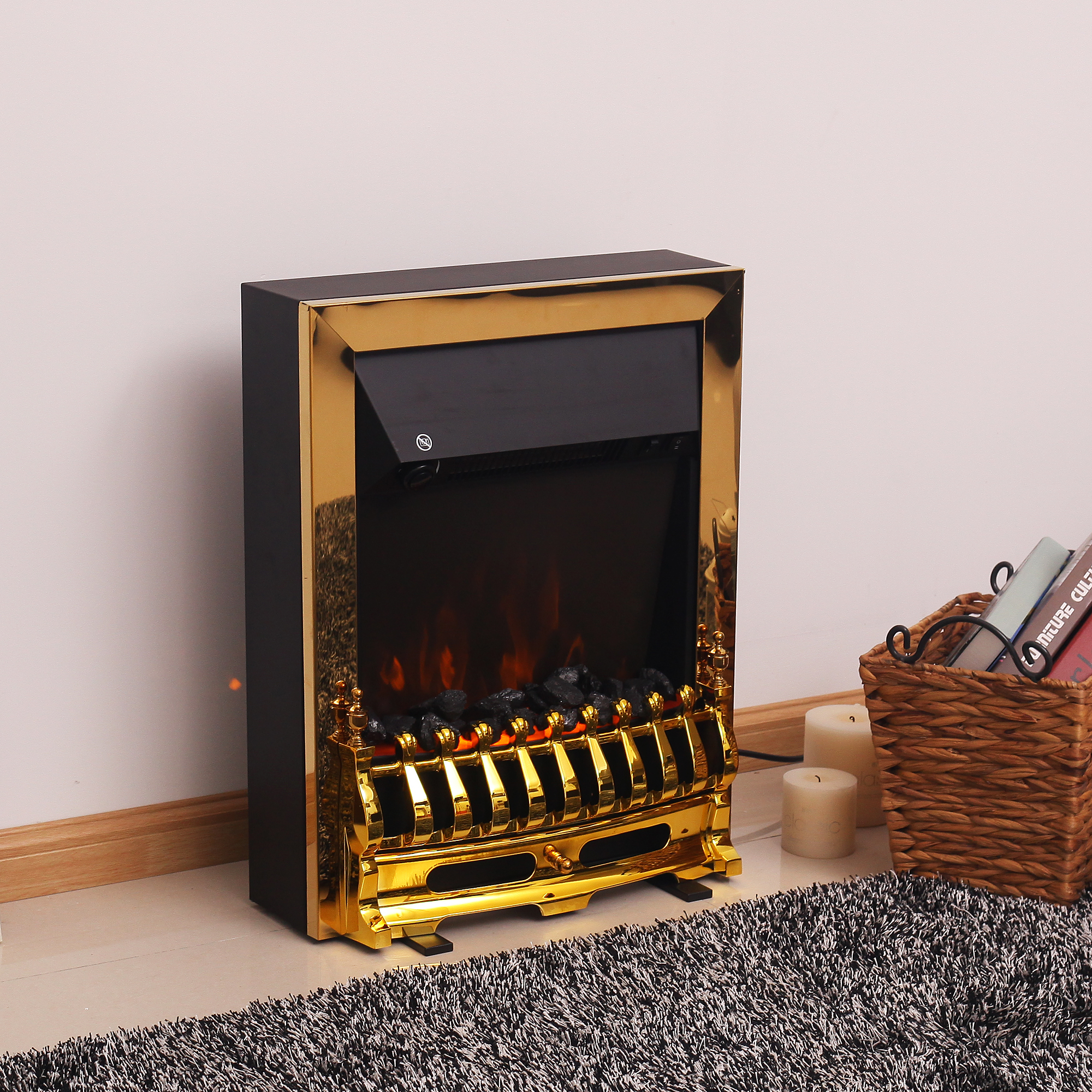 Elektrokamin mit Heizung, elektrischer Kamin mit LED Flammeneffekt, 1000/2000W Dekokamin, elektrisch Kaminfeuer Kaminofen, Gold