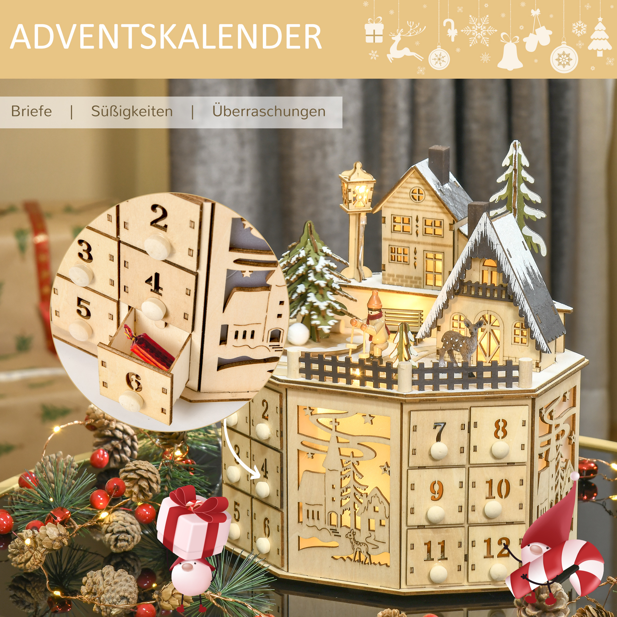 Adventskalender Adventskalenderbox Weihnachtsdekoration, LED-Lichter, 24 Schubladen, Natur