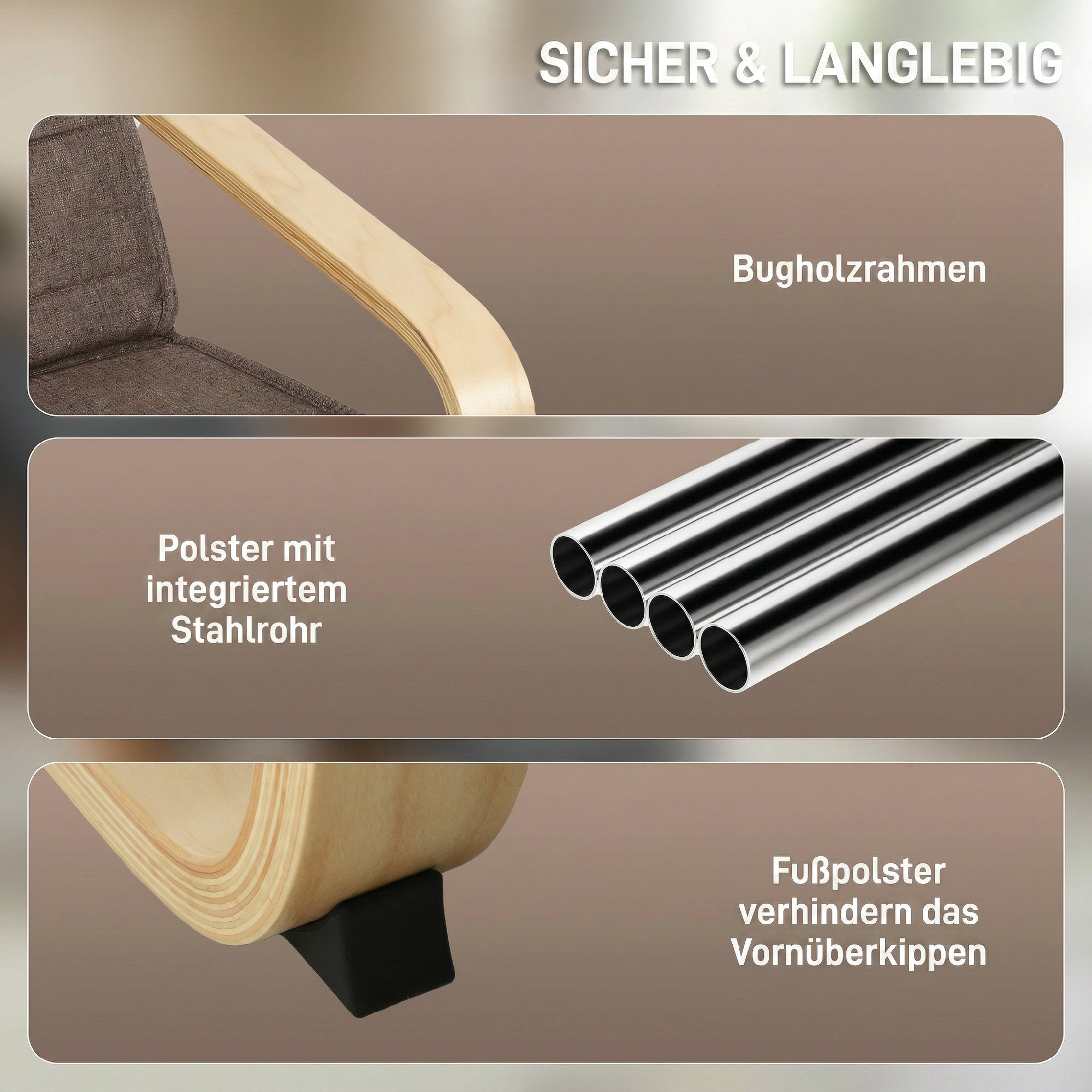 Akzentsessel, Relaxsessel mit verstellbarem Fußteil, Birkenholzrahmen, bis 120 kg, 66,5 x 94 x 100 cm, Braun