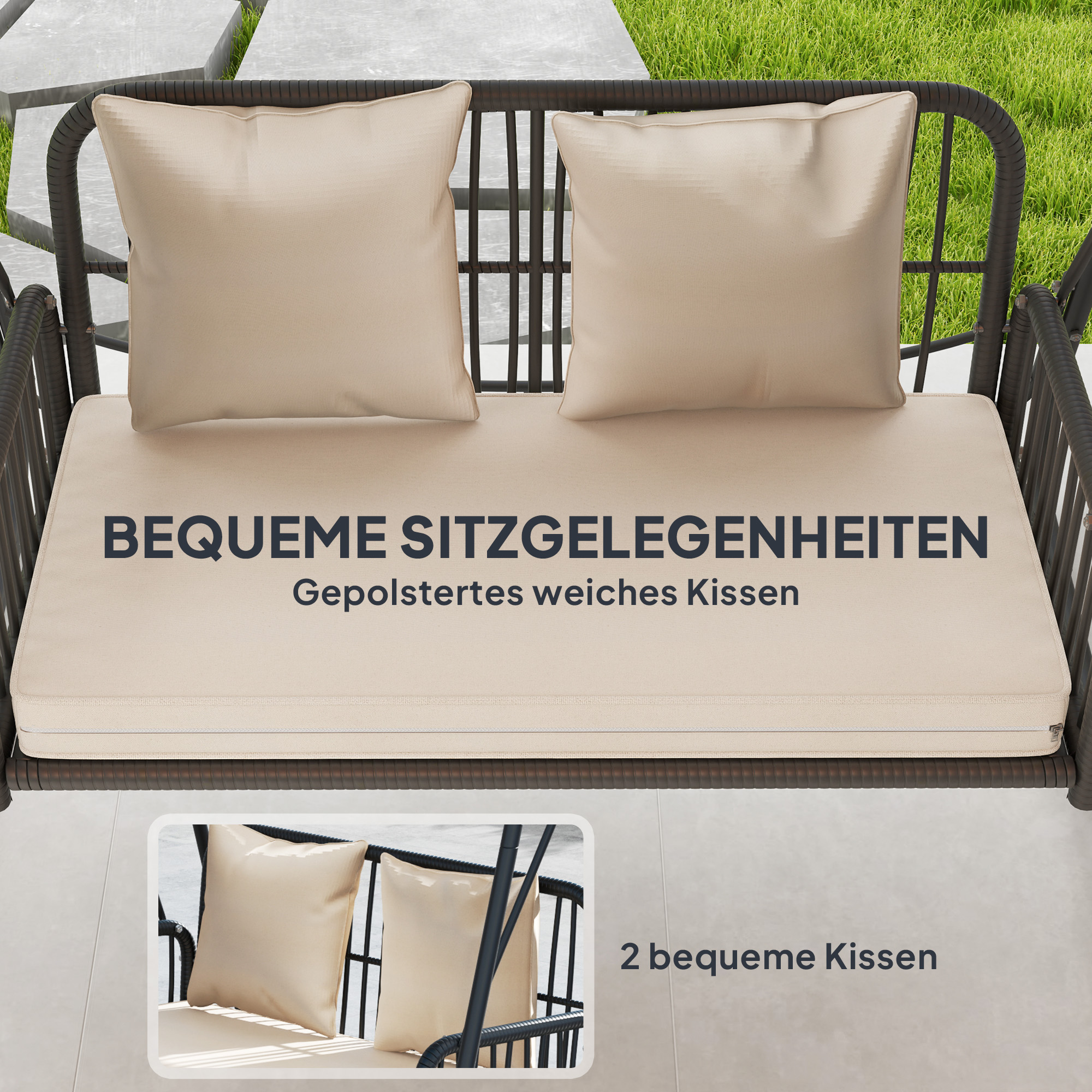 Hollywoodschaukel Rattan 2-Sitzer Gartenschaukel mit Sonnendach Kissen bis 240 kg 149 x 121 x 180 cm Khaki
