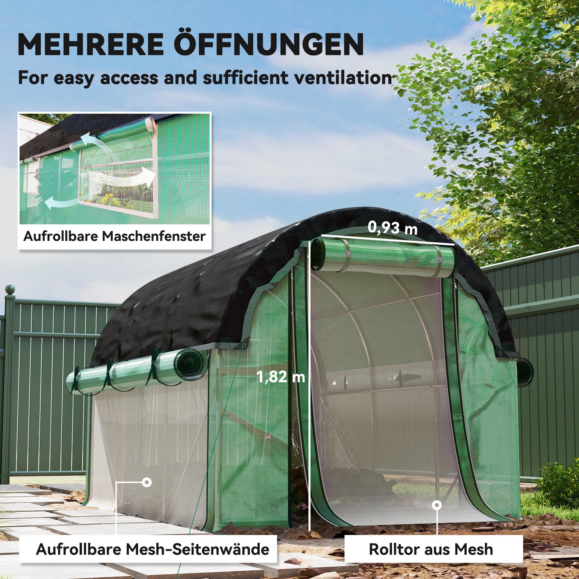 3 x 2 x 2 m Polytunnel-Gewächshaus mit Sonnenschutznetz, rollbaren Seitenwänden, Kunststoff-Abdeckung, Stahlrahmen, Grün