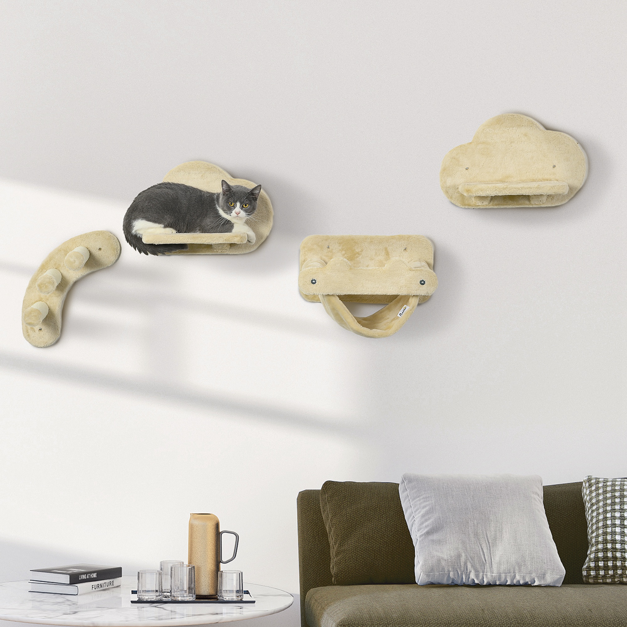 Katzentreppe, 4-teiliges Set, 3-stufige Sprossenleiter, 2 Plattformen, Hängematte, Plüschbezug, beige