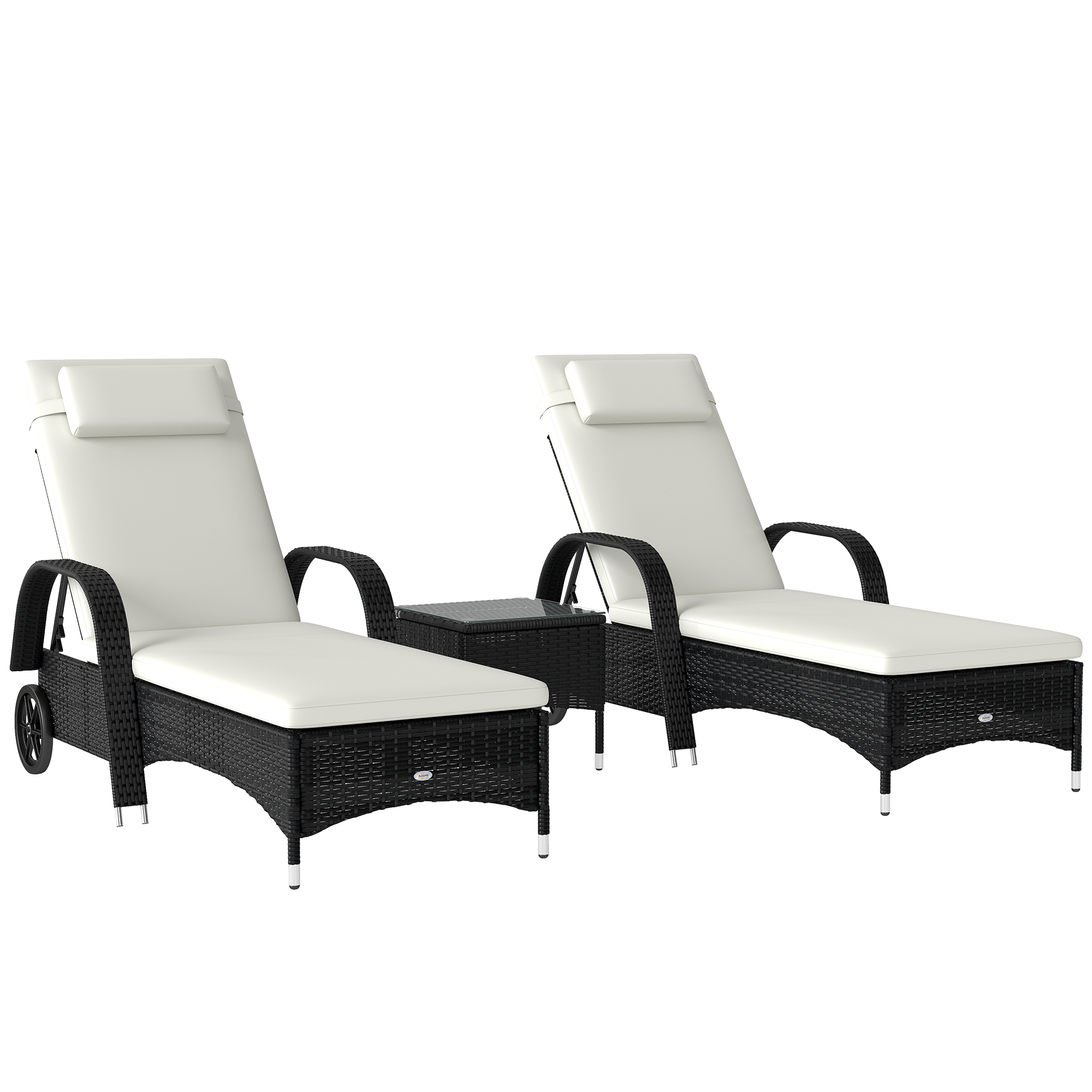 Sonnenliege Gartenliege Tisch 3er-Set Gartenmöbel, Polyrattan+Metall Schwarz+Cremeweiß