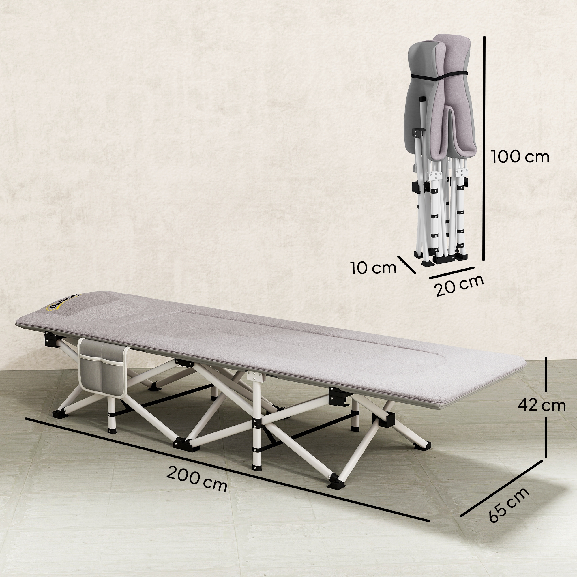 Feldbett, Campingbett, klappbar, weich, bis 200 kg, rostfreies Metallgestell, 185 x 65 x 37 cm, Grau