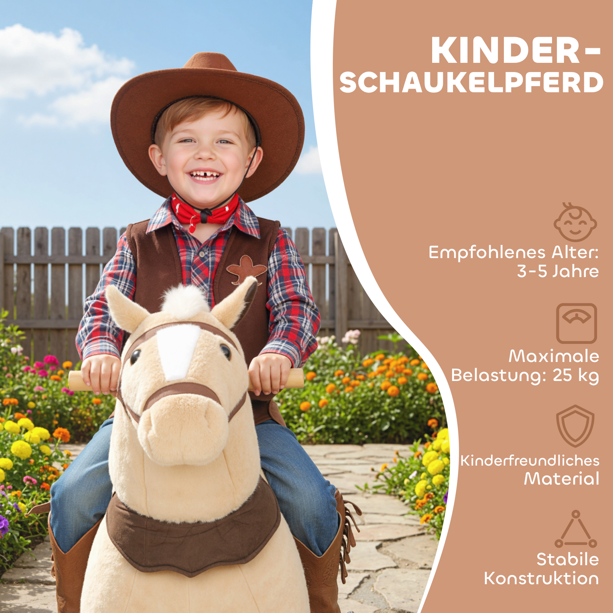 Reitpferd für Kinder, Stoffbezug, stabiler Rahmen, sanfte Räder, Schaukelpferd, 3-5 Jahre, Braun
