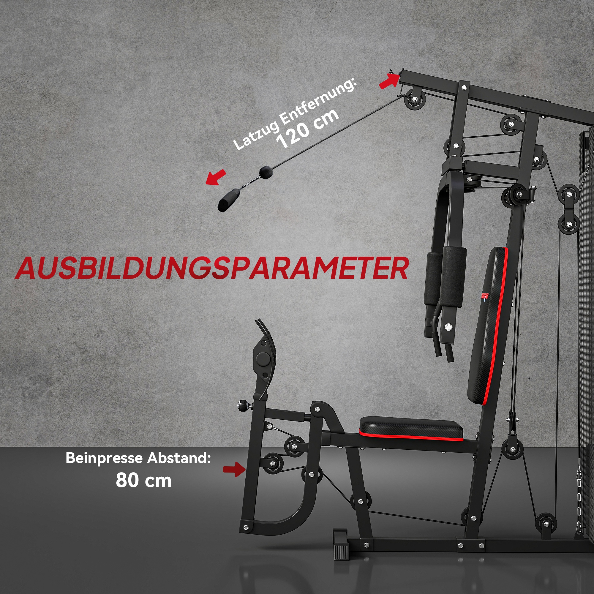 Heim-Fitnessstation mit 45 kg Gewichtsblöcken, Hochseilzug, Bruststation, Beinpresse für vielseitiges Training