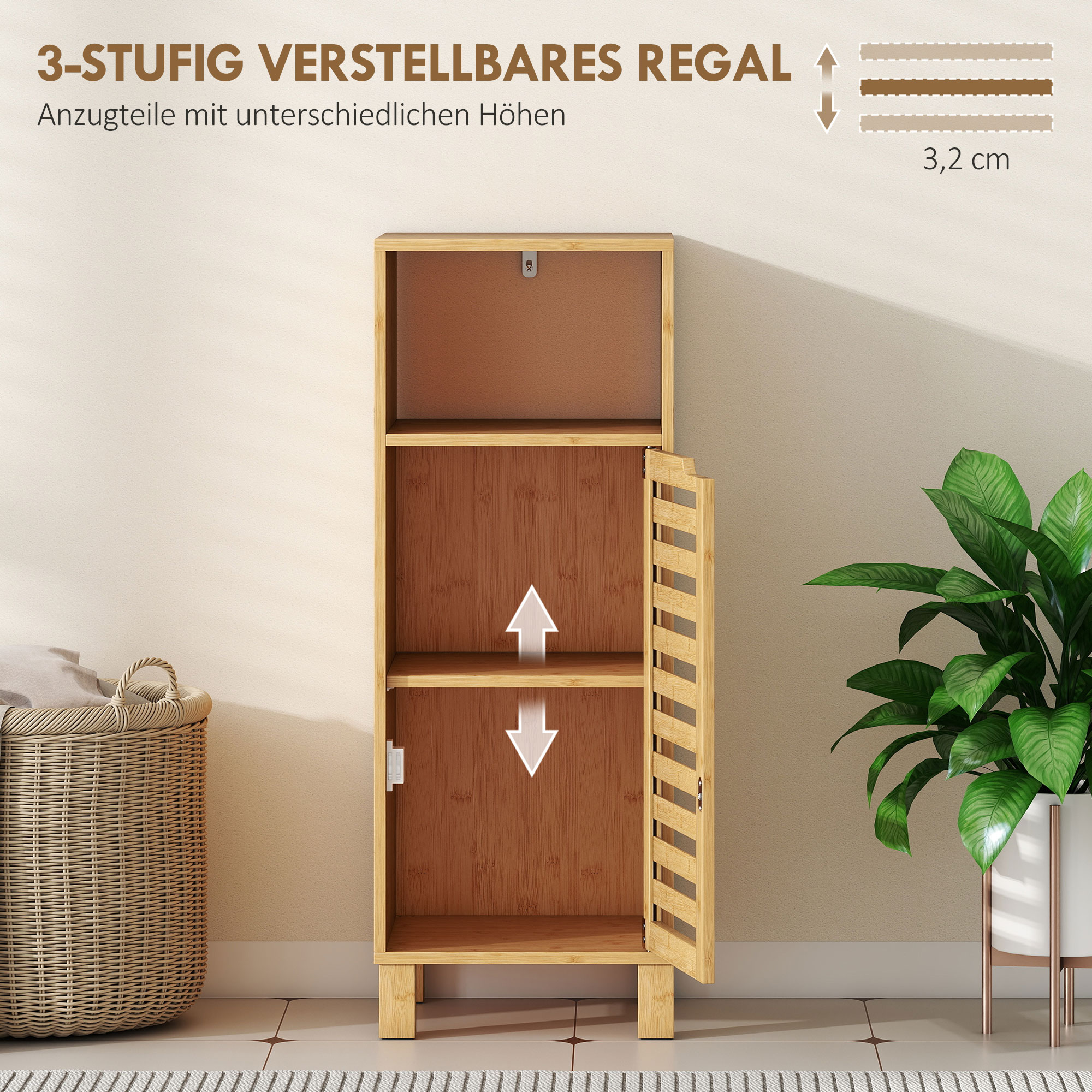 Badezimmerschrank, offenes Regal, Schrank, Bambusholz, Lamellentür, Hellbraun