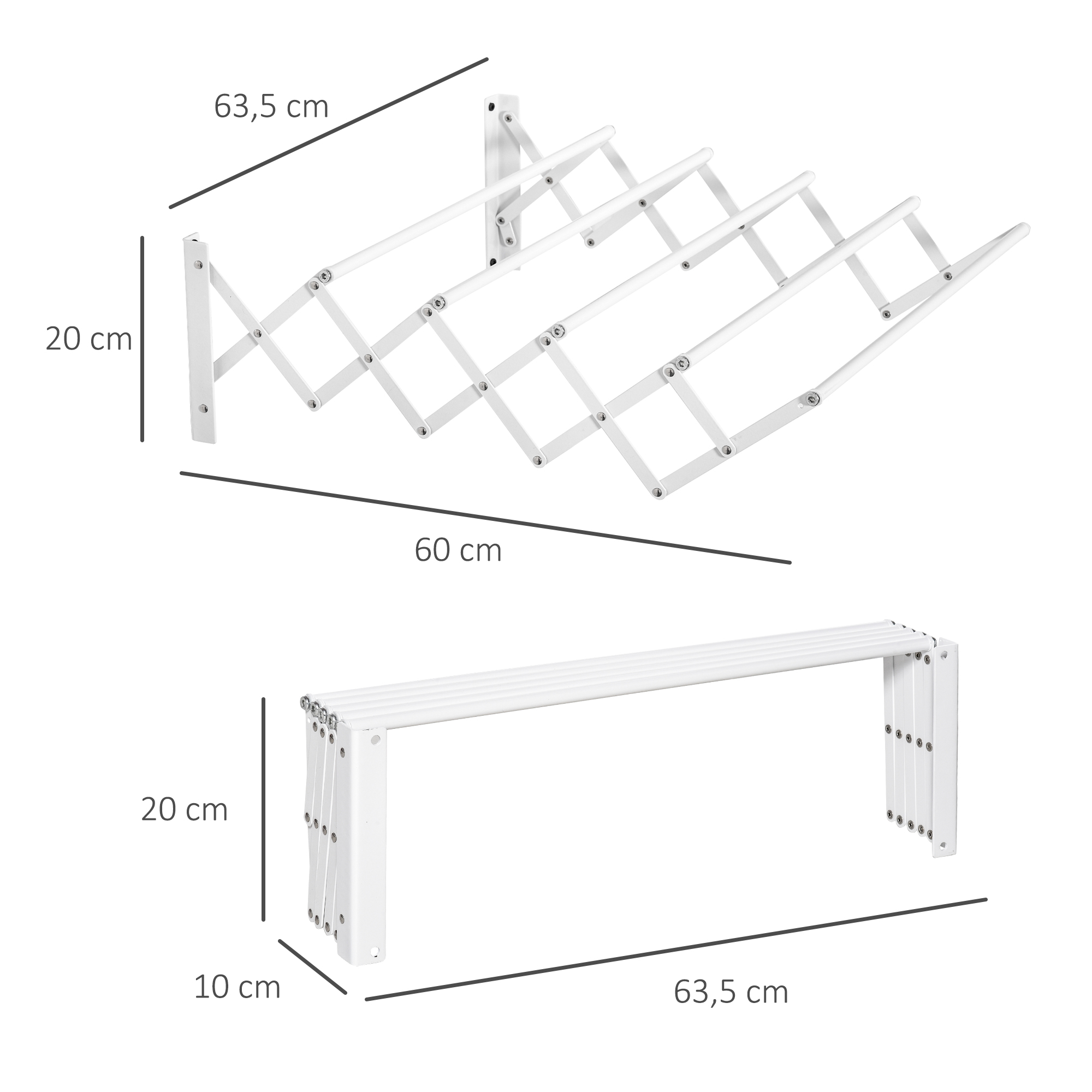 Wäscheständer für Wandmontage ausziehbar klappbar platzsparender Wäschetrockner, Wandwäschetrockner für Innen und Außen, Weiß, 63,5 x 60 x 20 cm