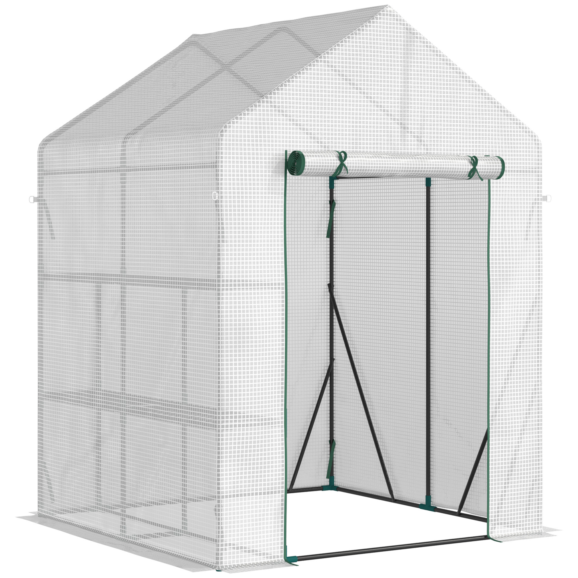 Foliengewächshaus begehbares Gewächshaus mit 4 Regalebenen Tomatengewächshaus Treibhaus Frühbeet mit Reißverschlusstüren Weiß Stahl PE-Kunststoff 143 x 143 x 195 cm