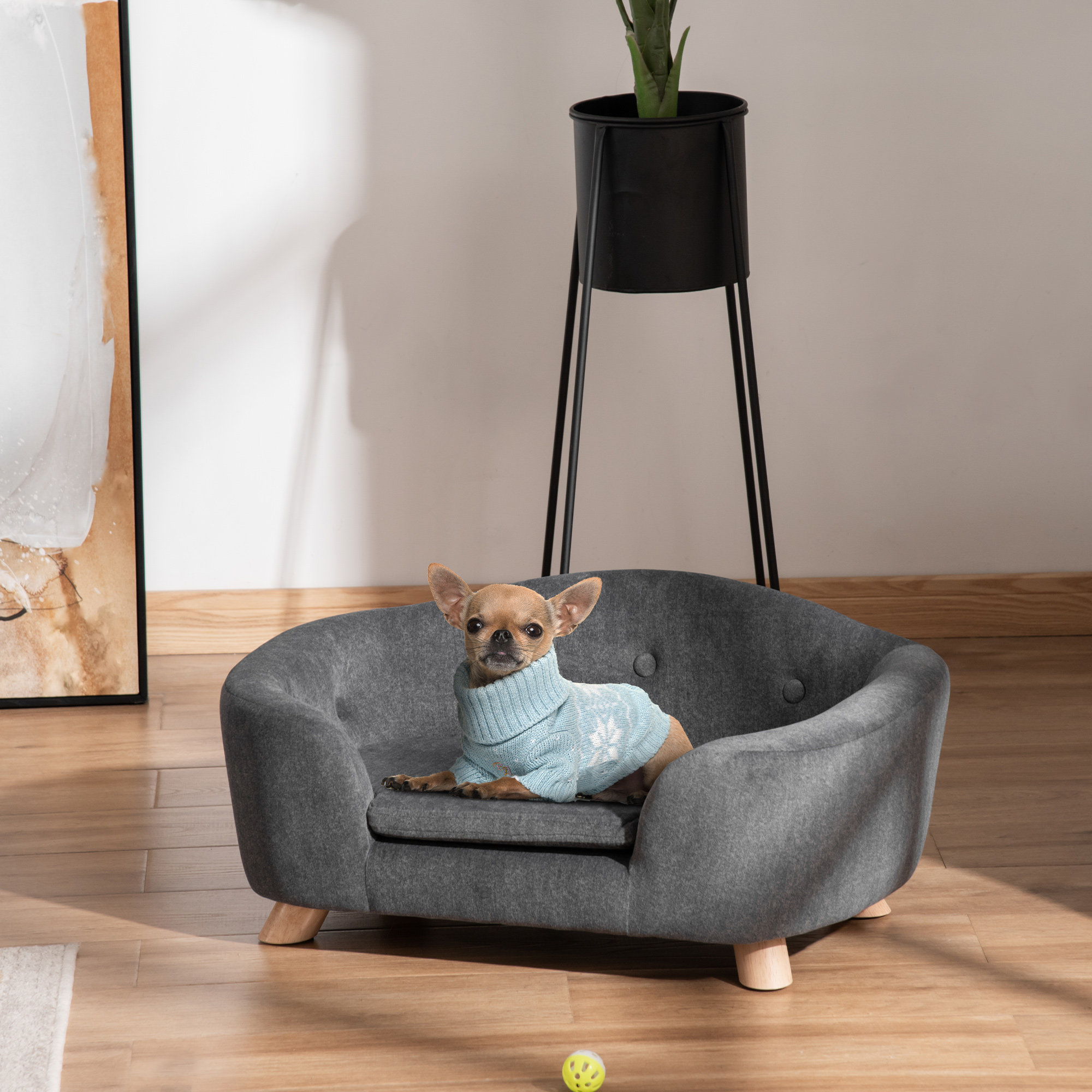 Haustiersofa Hundematte Hundebett Hundesofa Hundecouch Katzen Sofa mit Kissen Rückentasche Plüsch Schaumstoff Kiefernholz Dunkelgrau 70 x 47 x 30 cm