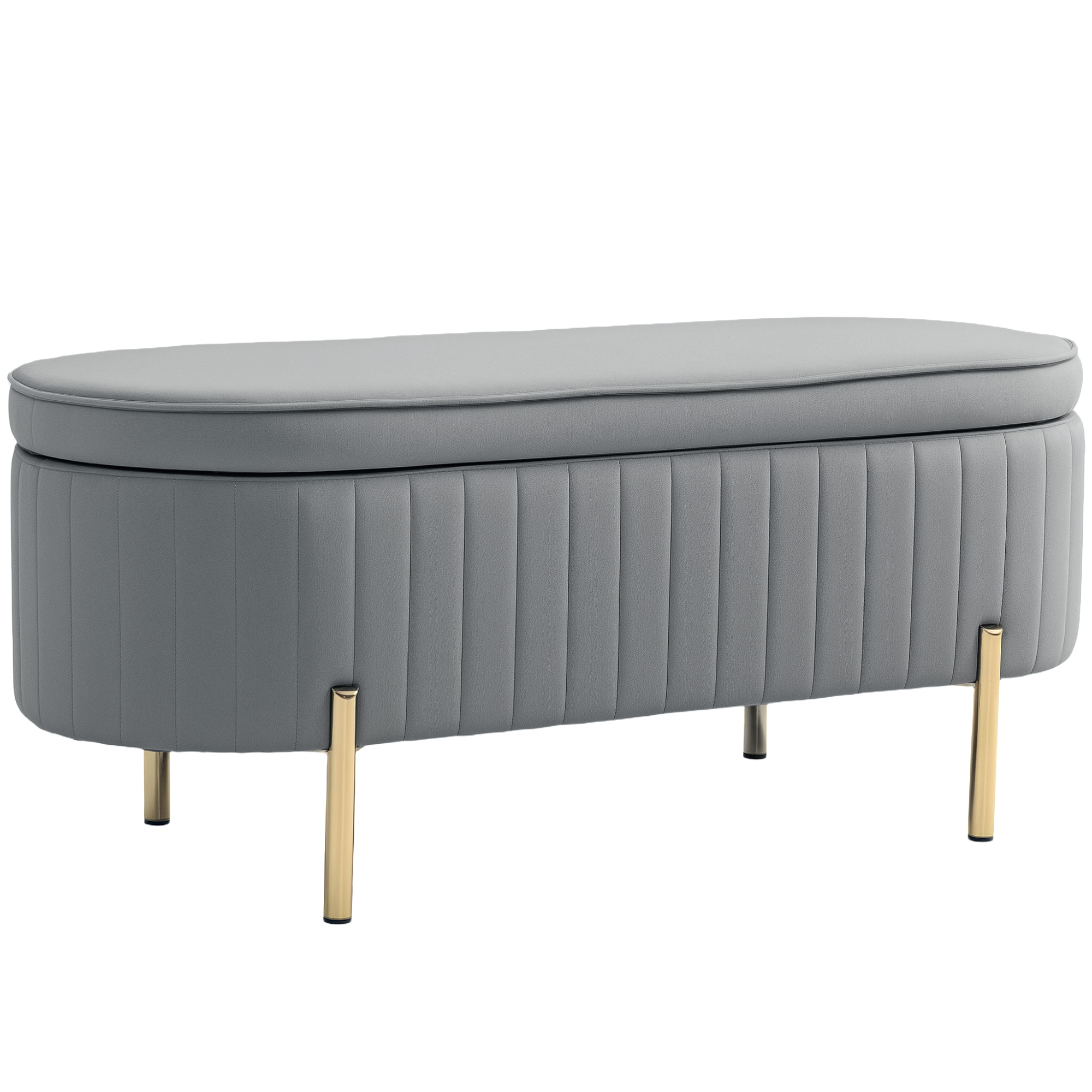 Sitzbank mit Klappdeckel und Stauraum, Stoffbezug, Holz, Metall, Grau+Goldfarben