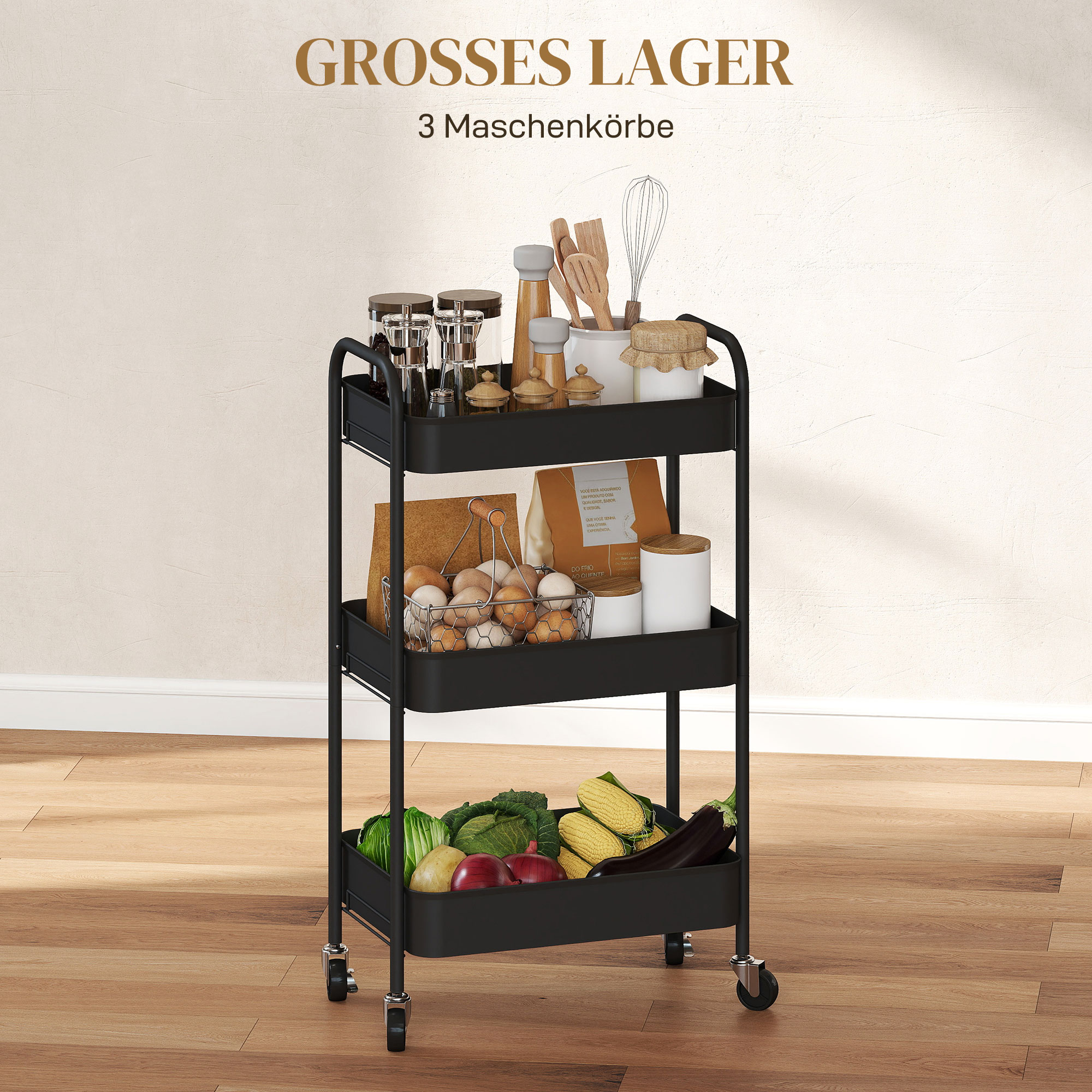 Mehrzweckwagen Rollwagen Küchenwagen, 3 Regale, 4 Rollen, 45 cm x 30,6 cm x 79 cm, Schwarz