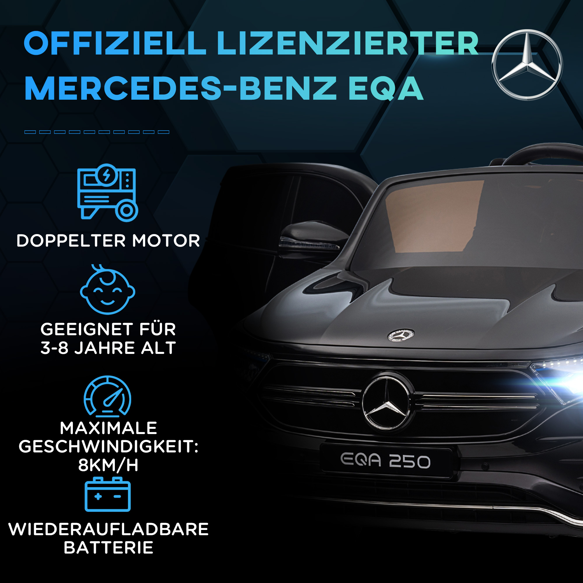 Elektro Kinderauto, lizenzierter Mercedes-Benz EQA, 3-8 km/h, Musik, Scheinwerfer, Hupe, Fernsteuerung, schwarz