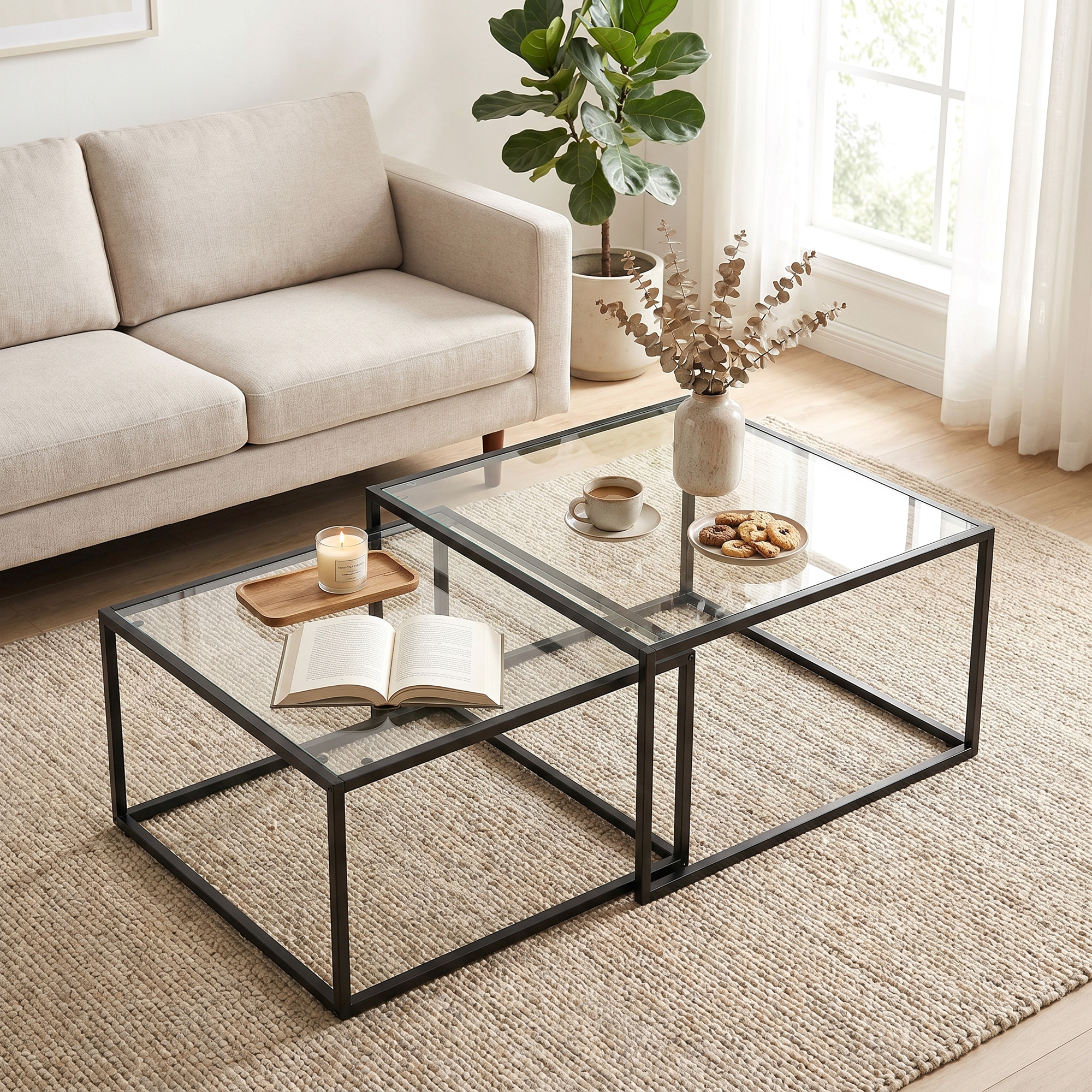 Couchtische 2er-Set Satztisch mit gehärteter Glasplatte und Metallrahmen, für Wohnzimmer Schwarz
