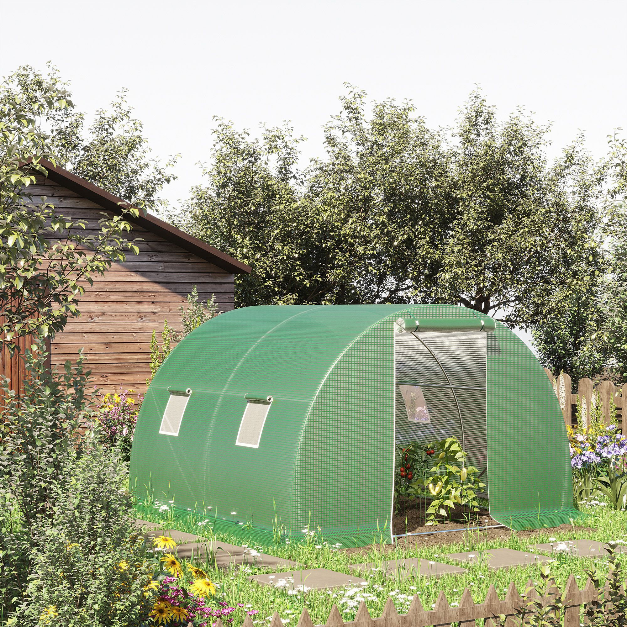 Foliengewächshaus begehbares Polytunnel 3 x 3 m Gewächshaus mit 4 Fenster Treibhaus Frostschutz Stahlrohr Dunkelgrün