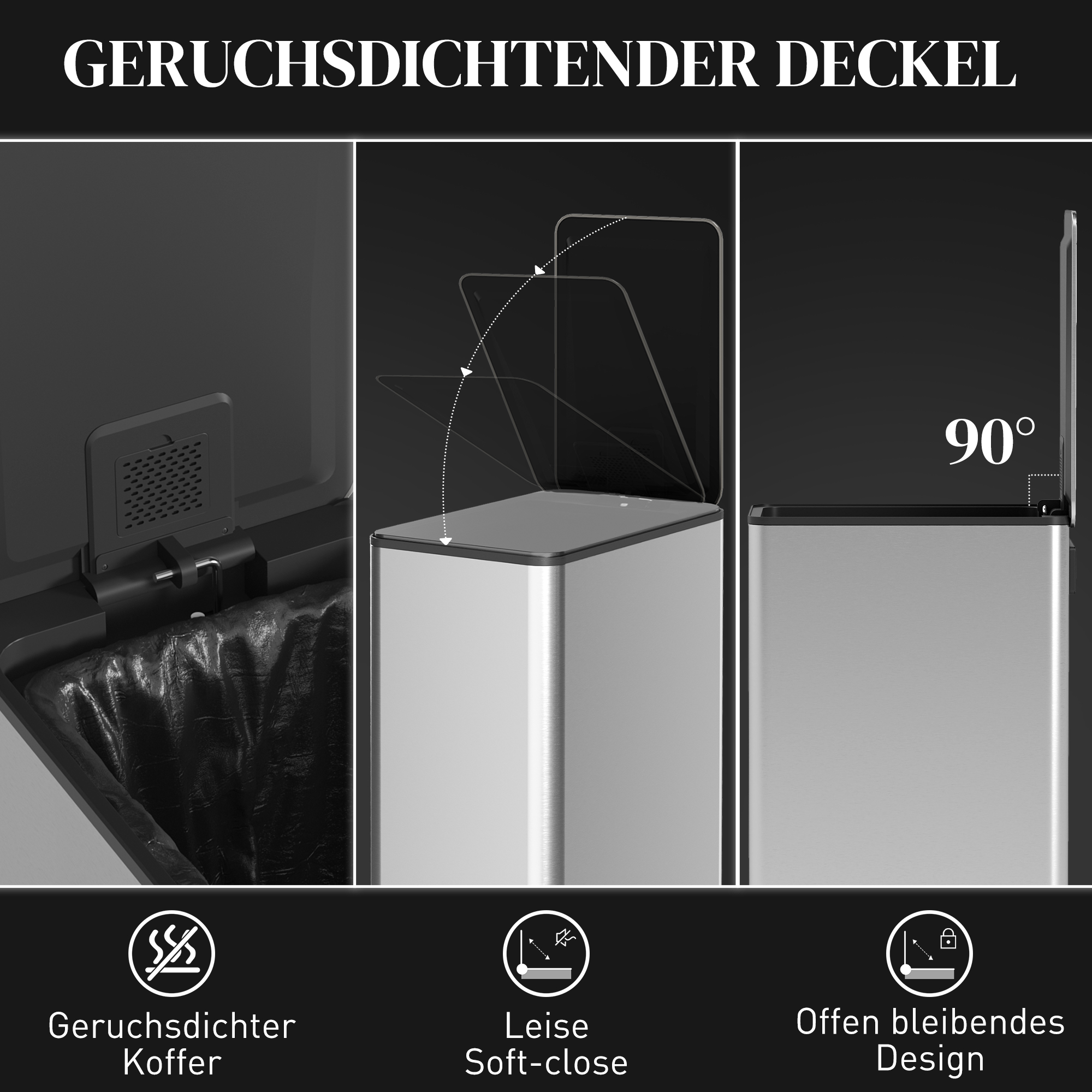 Mülleimer 20L, Soft-Close-Deckel, Deodorant-Fach, Fingerabdrucksicher, Edelstahl, Silber