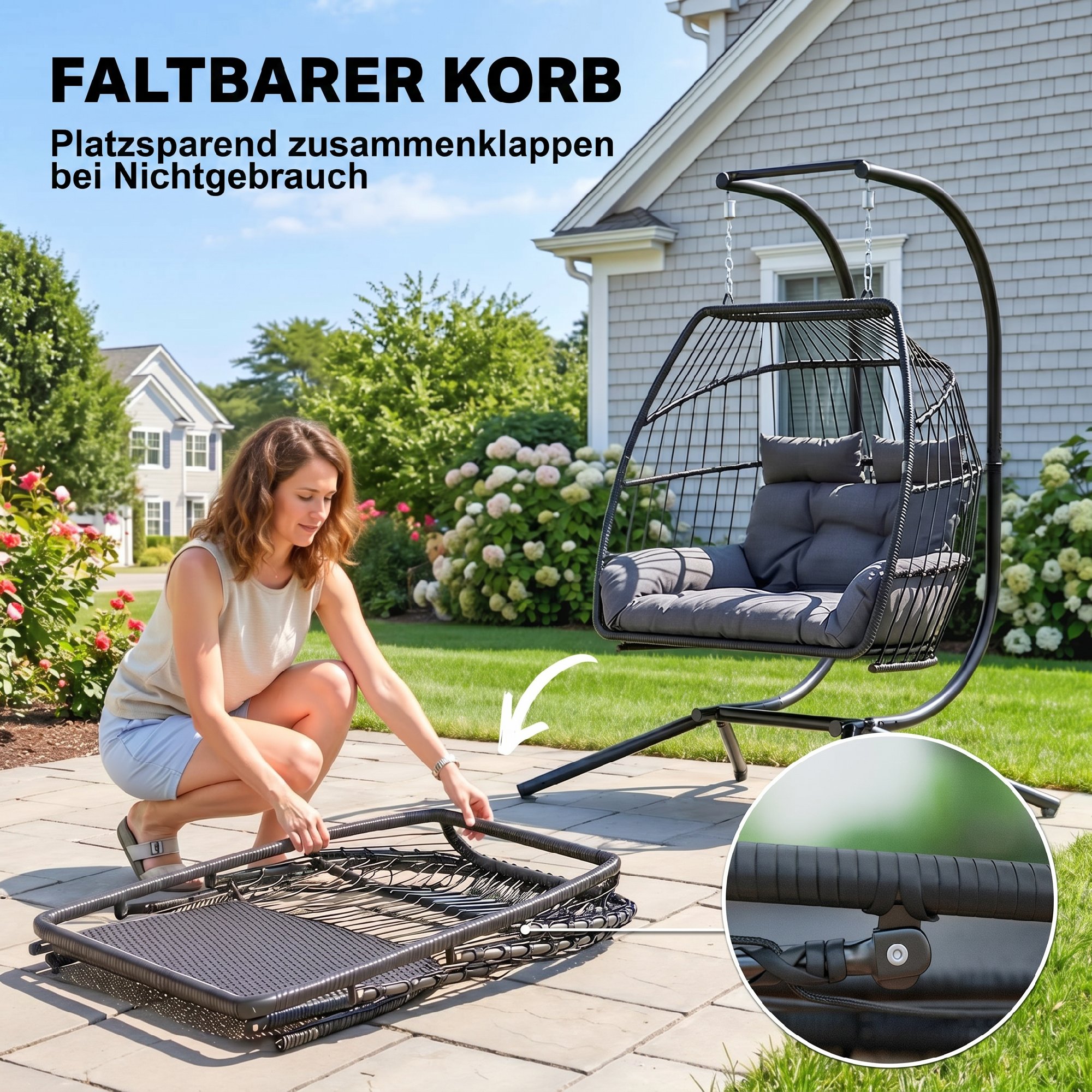 Hängestuhl, faltbarer Korbstuhl mit Kissen, Stahlrahmen, für drinnen und draußen, bis zu 260 kg belastbar, Dunkelgrau