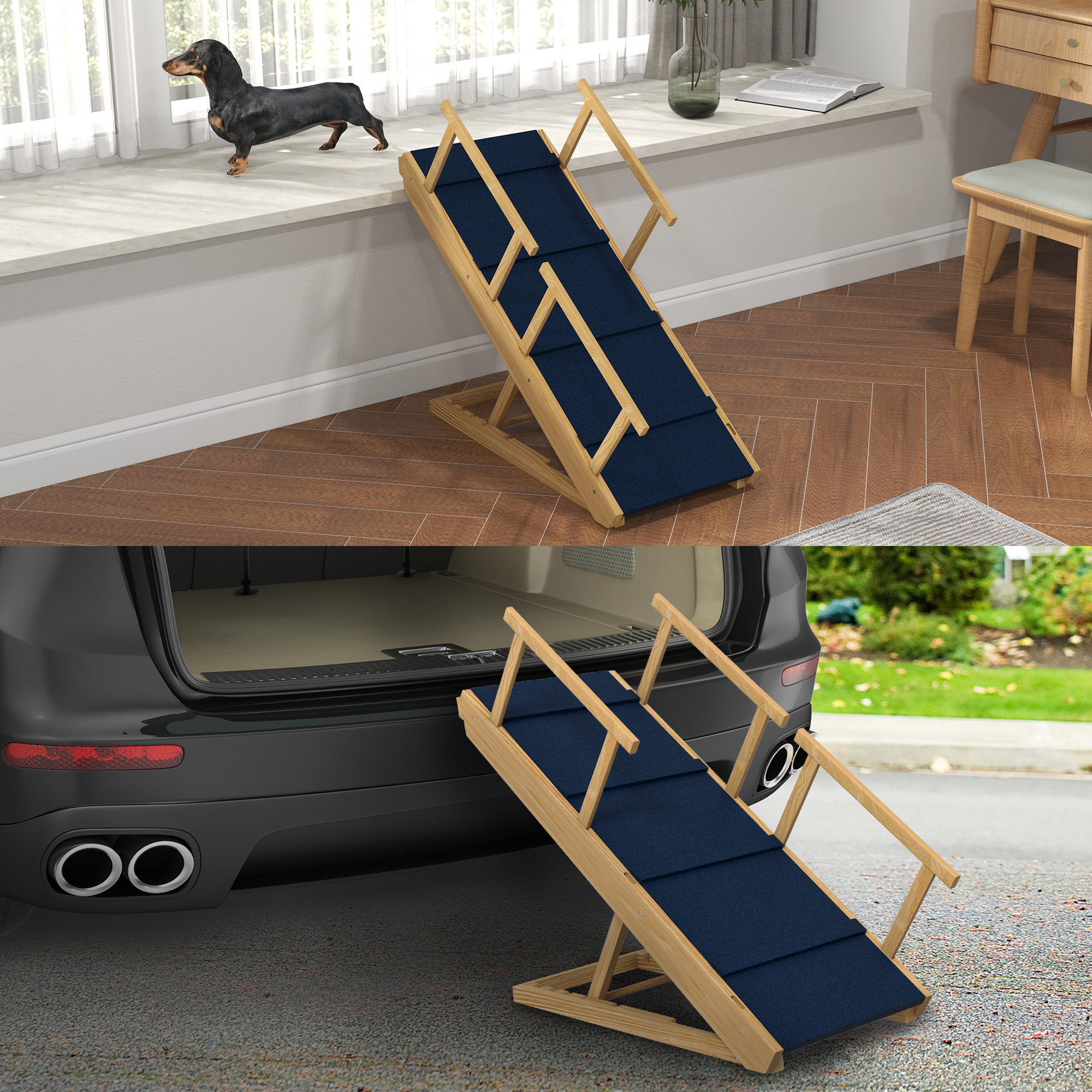 Hunderampe, höhenverstellbar, klappbar, Geländer, für Hunde bis 40kg, Holzrahmen, 85 x 40 x 61 cm, Schwarz