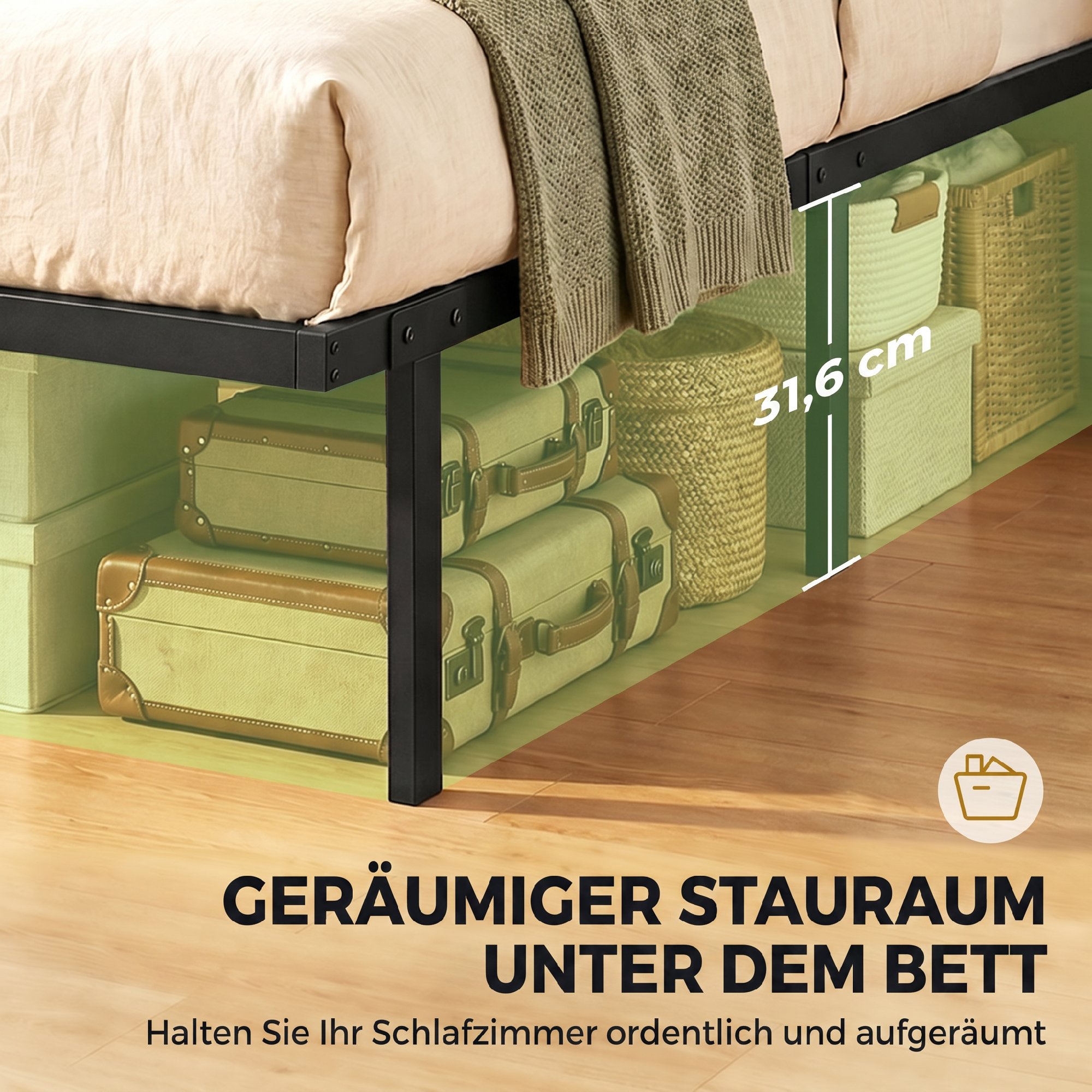 Bettgestell, 90 x 200 cm Metallbett mit Stauraum unter dem Bett, Metallgestell mit Lattenrost, kein Boxspring nötig