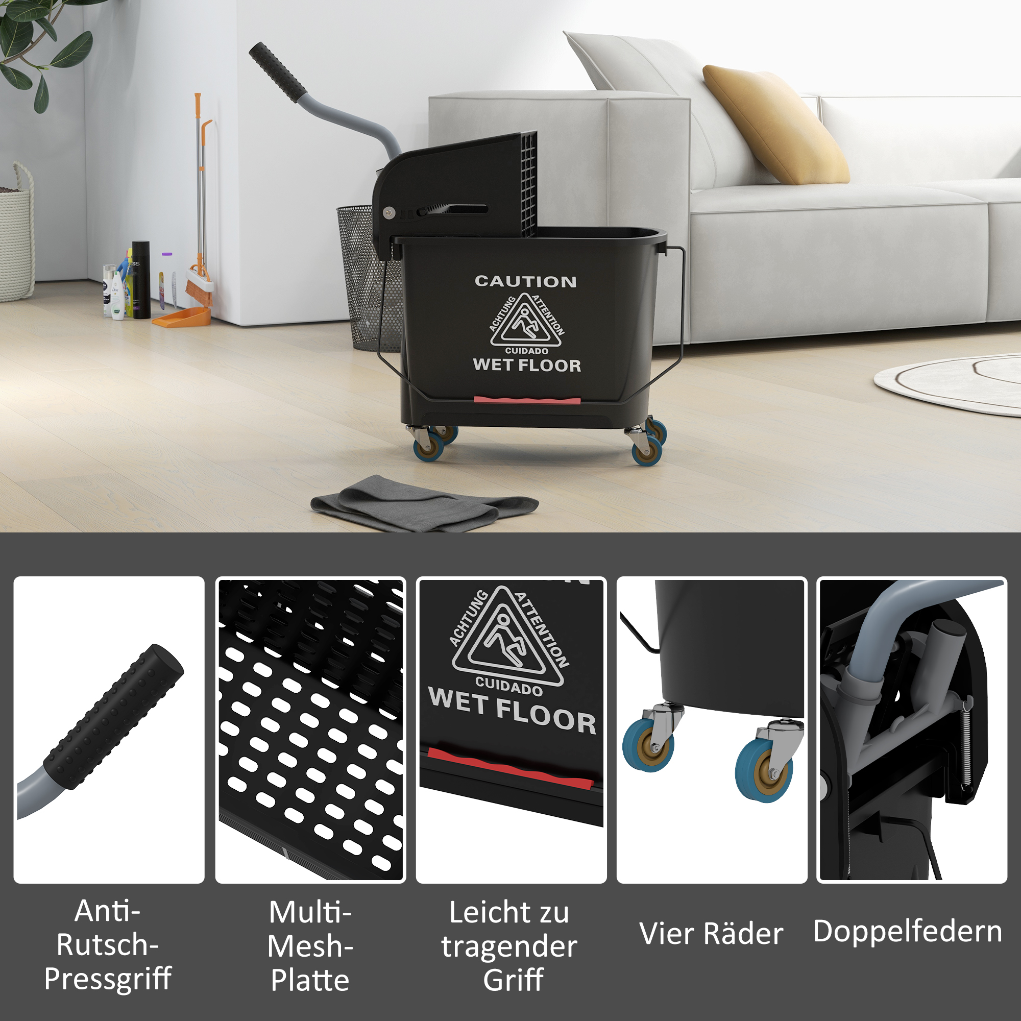 20l Mopp-Eimer mit Auswringer und Griff, Wischmopp-Eimer auf Rädern, Kunststoff, Schwarz
