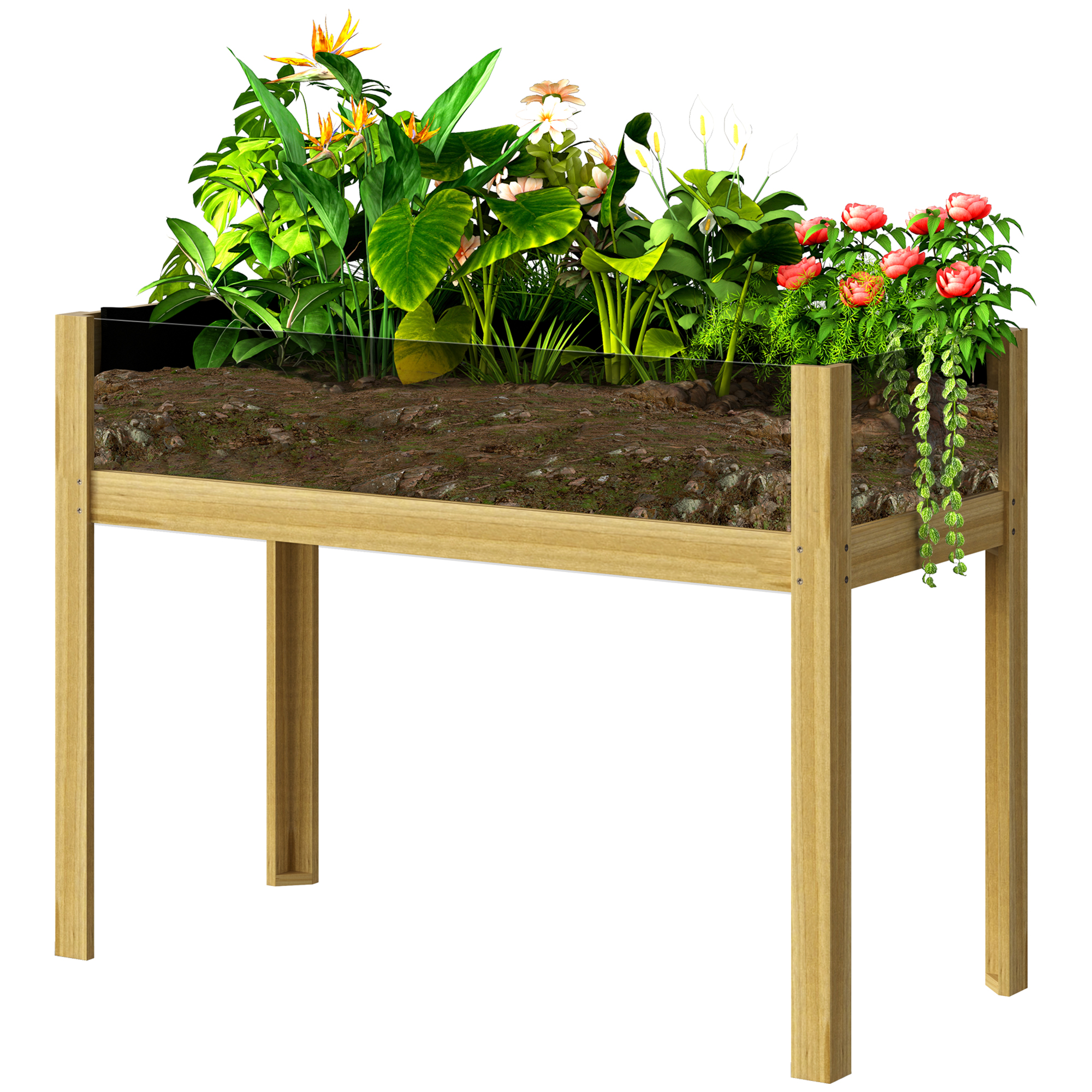 Hochbeet, Holz-Pflanzbox mit Acrylplatten an zwei Seiten, für 118 L Erde, Wasserabflusslöcher, 110 x 50 x 80 cm