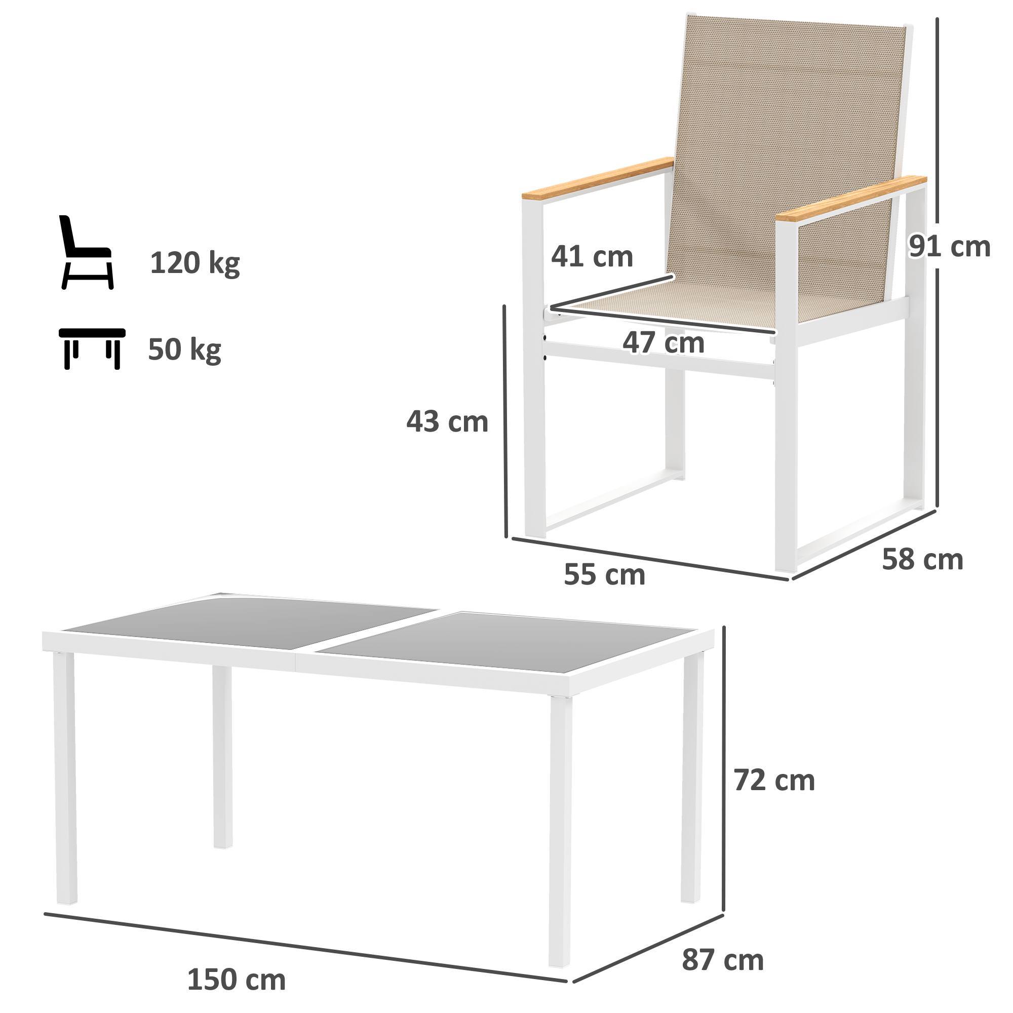 5-teiliges Ess-Set, Outdoor-Tisch aus Hartglas, 4 Stühle, wetterbeständig, Stahlrahmen, Terrassenmöbel, Mehrfarbig