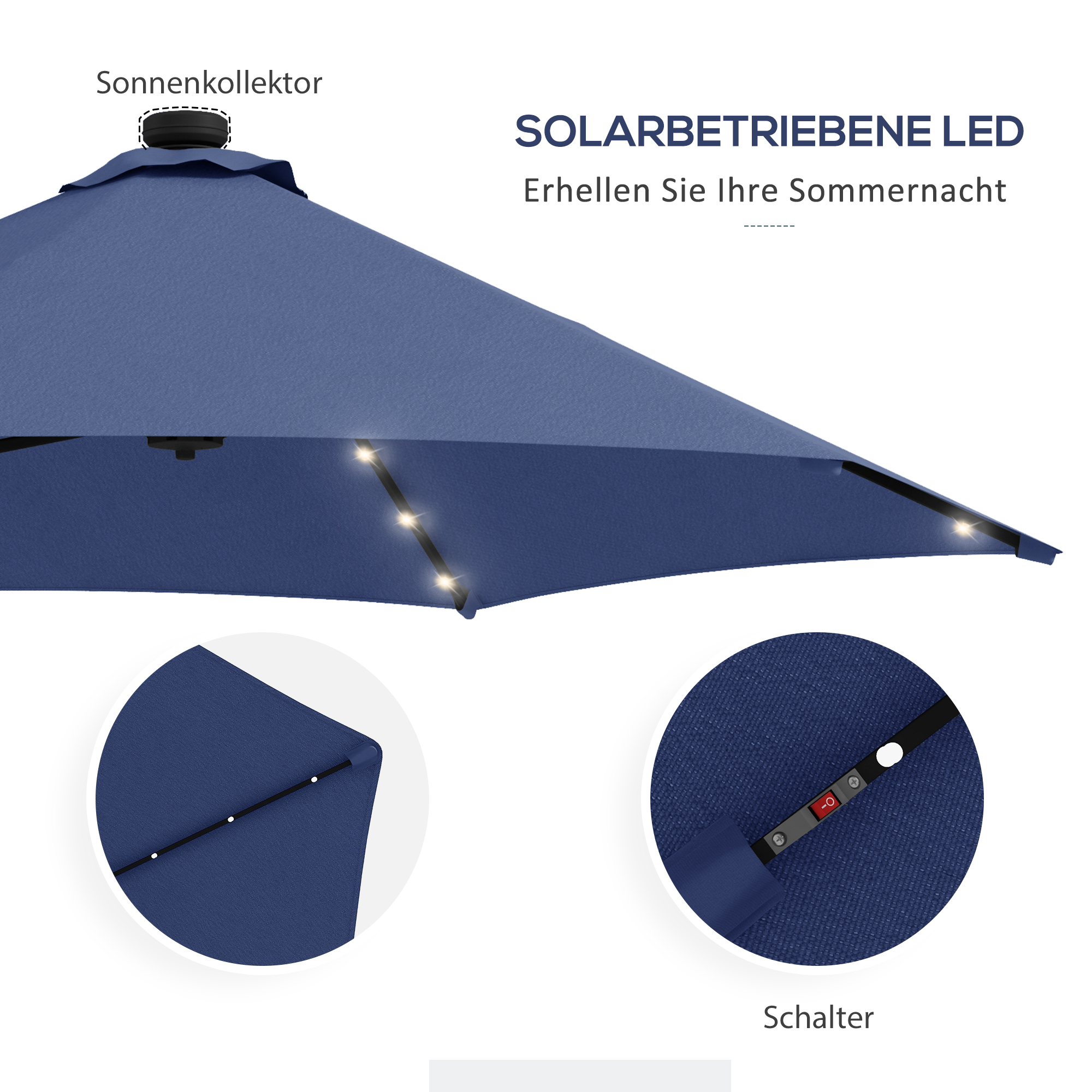 Gartenschirm, Ampelschirm, LEDs, Solarmodul, wetterfest, inkl, Schutzhülle, Ø290 x 260 cm, Dunkelblau