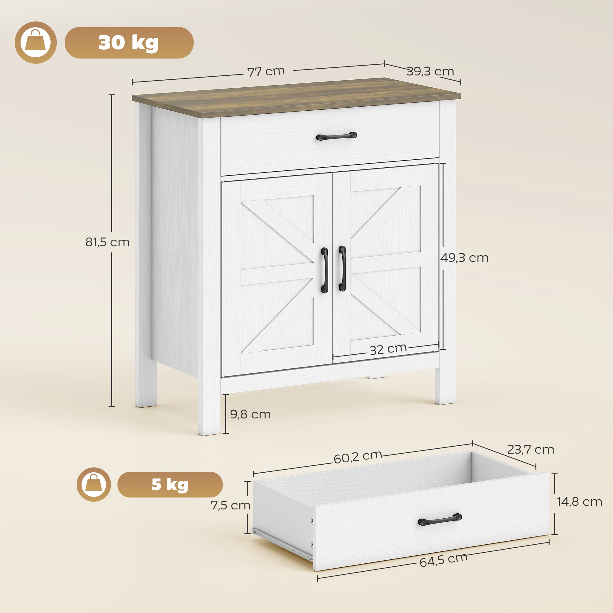 Sideboard Buffet-Schrank, Bauernhaus-Küchenschrank mit Schiebetüren und verstellbarem Regal, Weiß