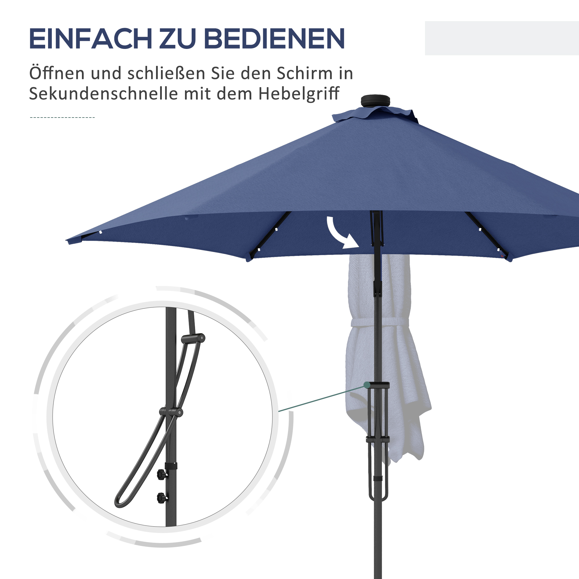 Gartenschirm, Ampelschirm, LEDs, Solarmodul, wetterfest, inkl, Schutzhülle, Ø290 x 260 cm, Dunkelblau