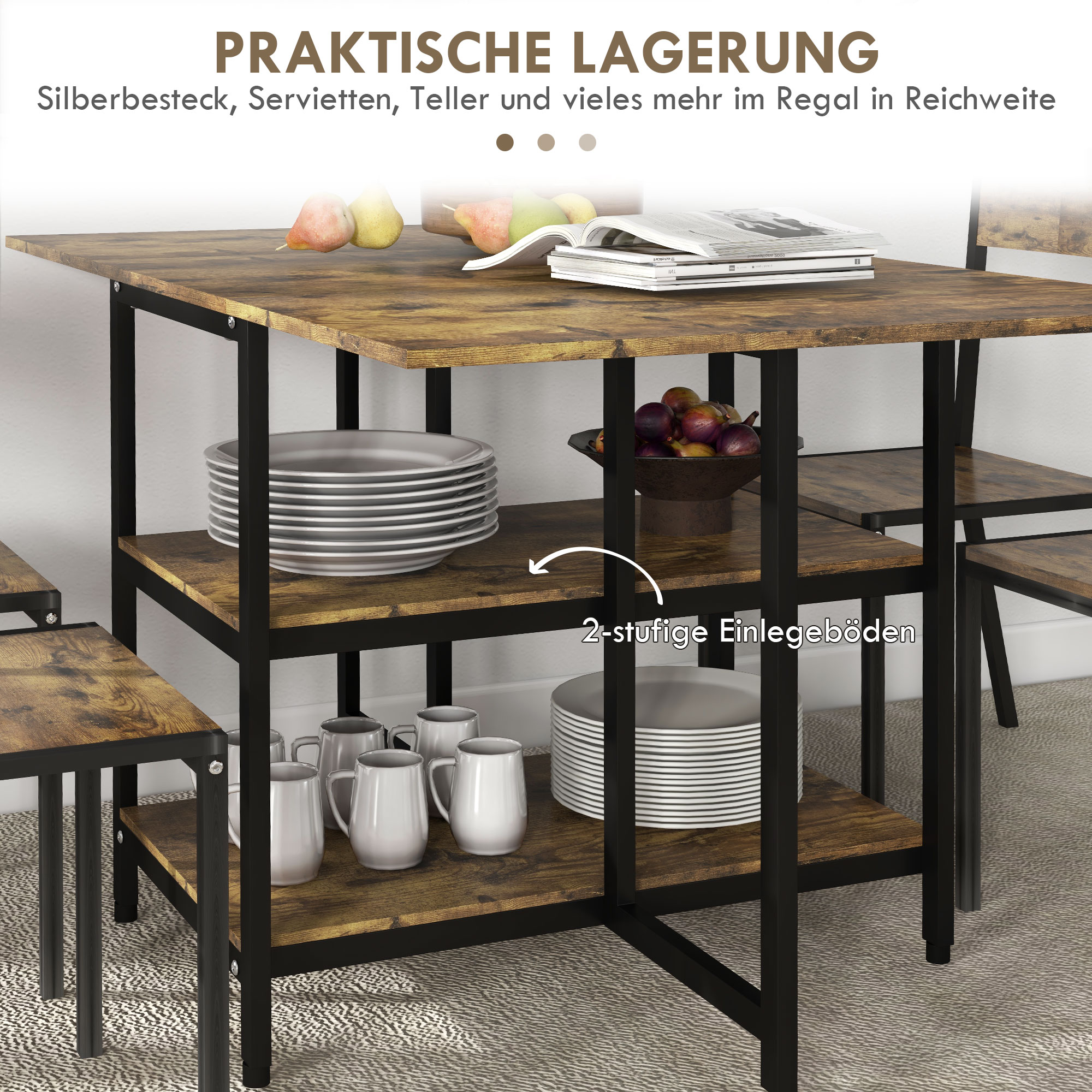 Esstisch Klapptisch klappbarer Esstisch, Industriedesign, 140 cm x 80 cm x 75 cm, Braun + Schwarz