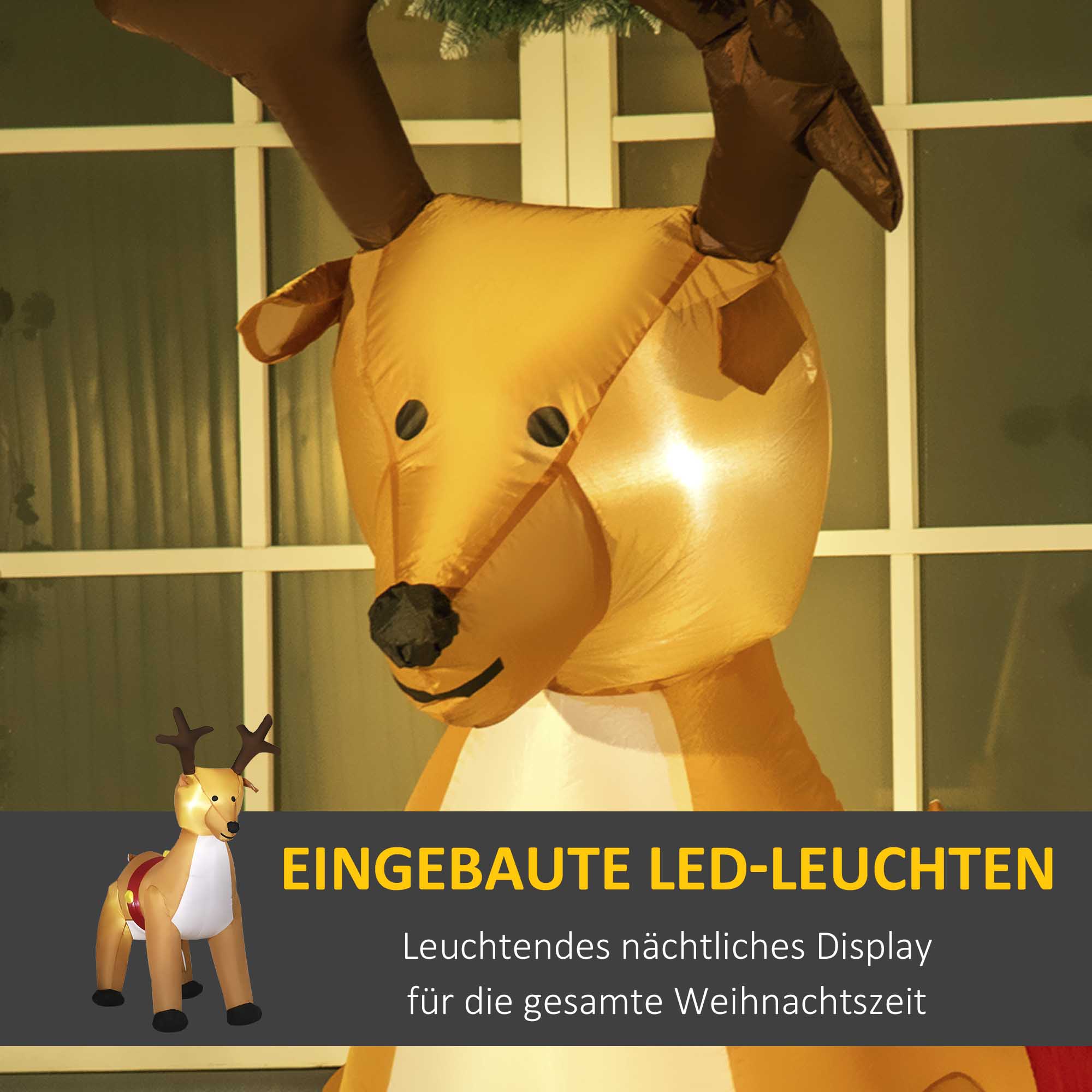 Aufblasbares Rentier, 1,8 m, LED-Lichter, Zubehör, automatisches Aufblasen, Gelb