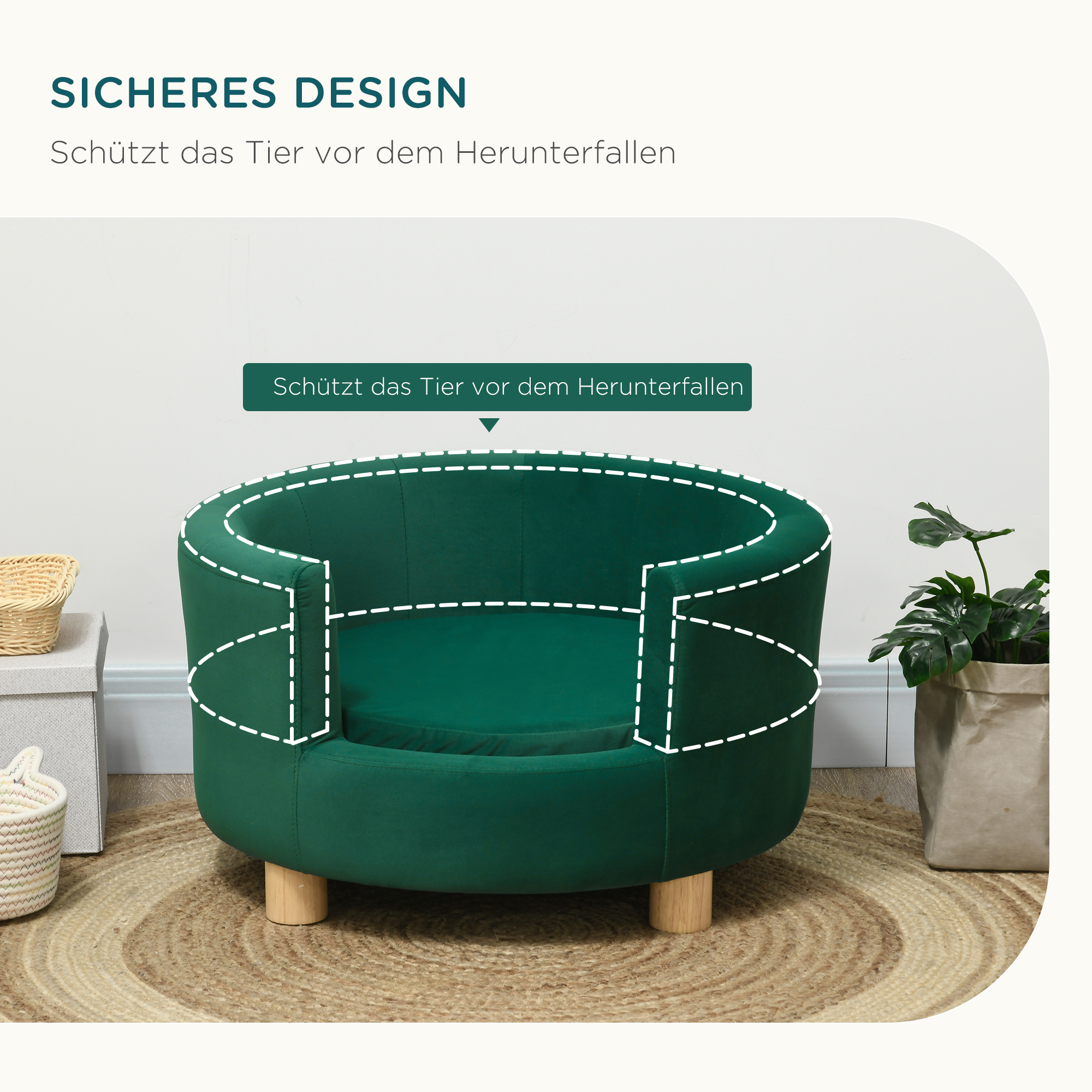 Hundesofa Hundecouch, Waschbarer Bezug, Haustiersofa mit Rückenlehne und Holzbeine, Katzensofa, für kleine Hunde unter 4,5 kg, Grün