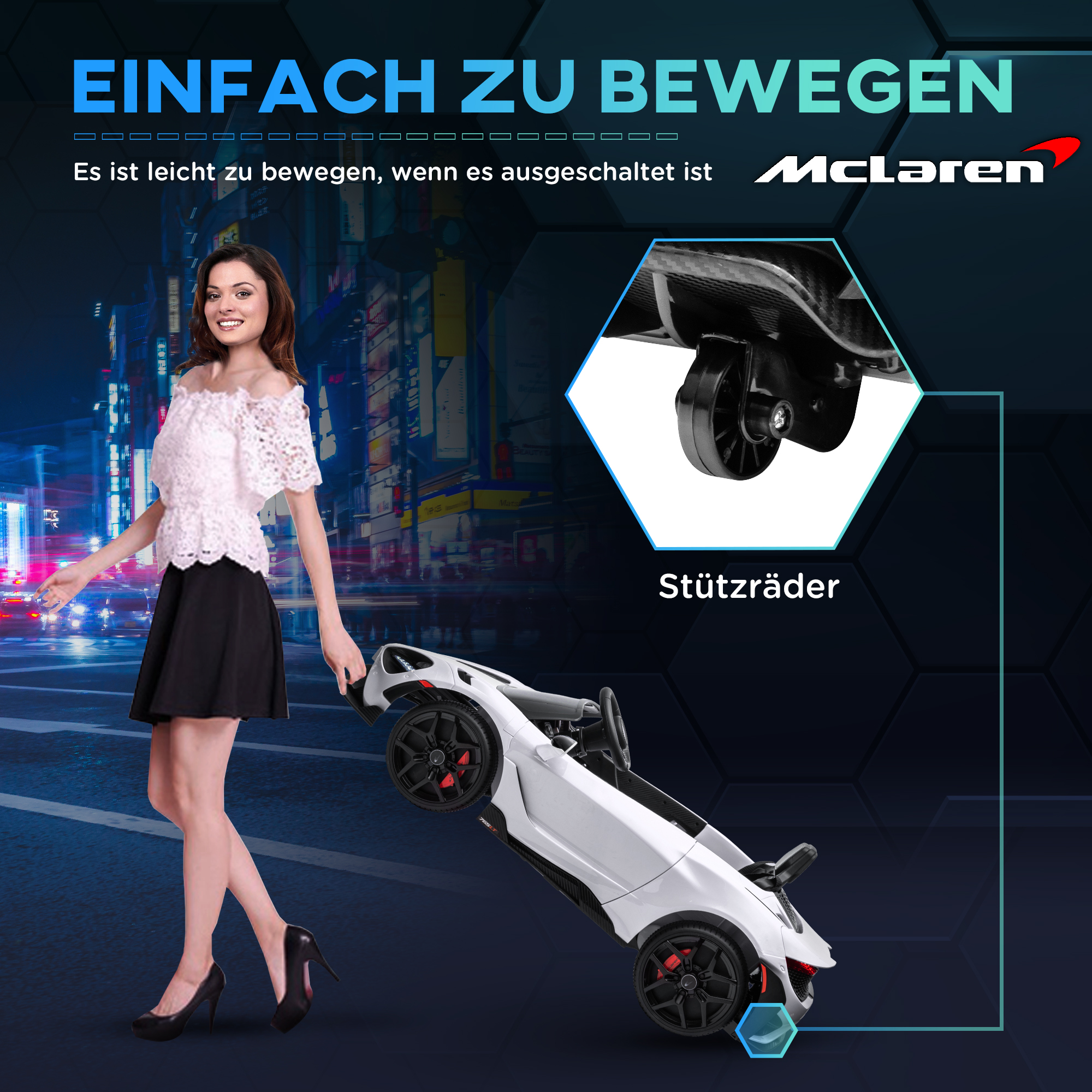 Kinder-Elektroauto mit Flügeltüren, fernsteuerbar, mit sanftem Antrieb und LED-Lichtern, Weiß