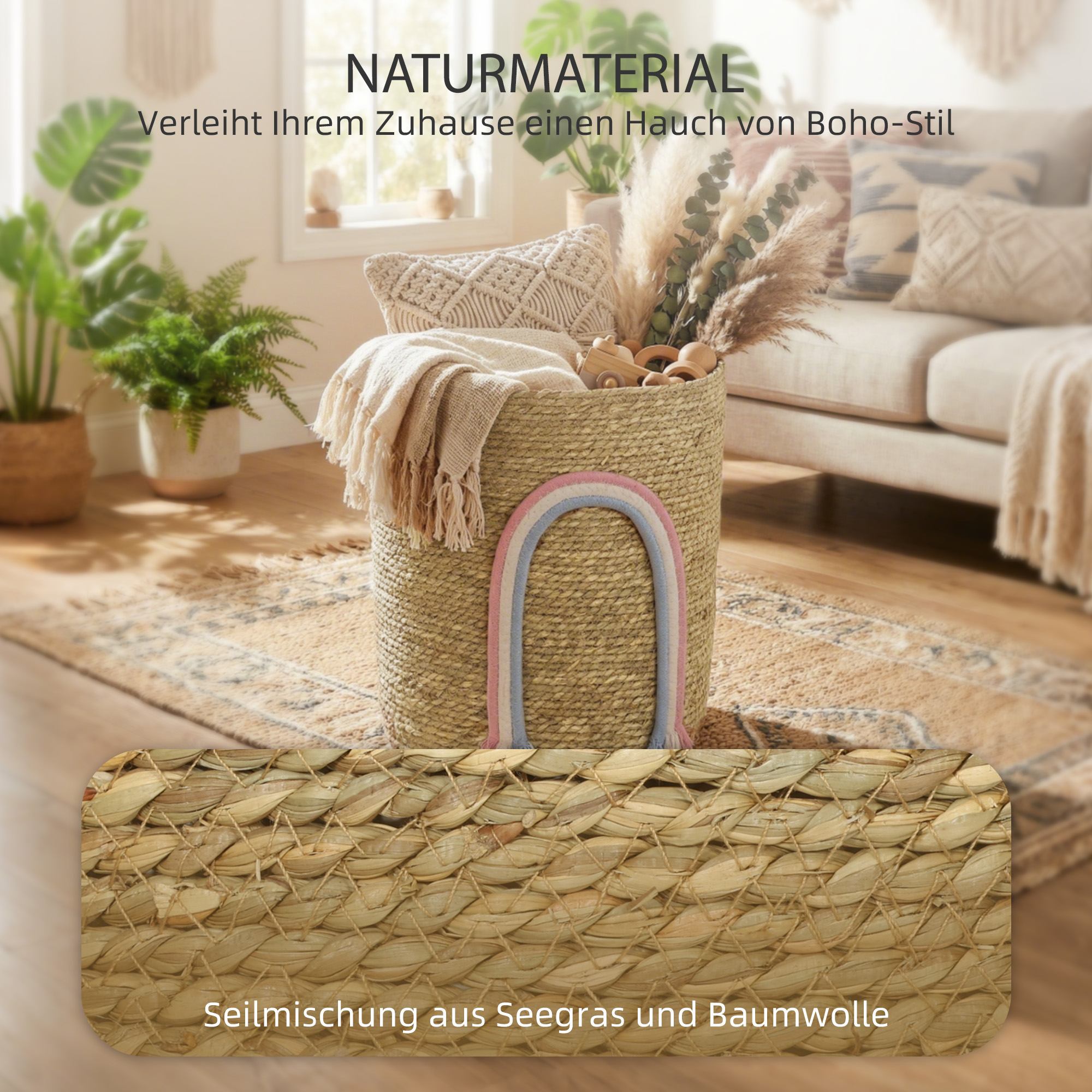 24,7L Aufbewahrungskorb mit Regenbogen-Dekoration, großer geflochtener Korb für Badezimmer, Schlafzimmer, Natur