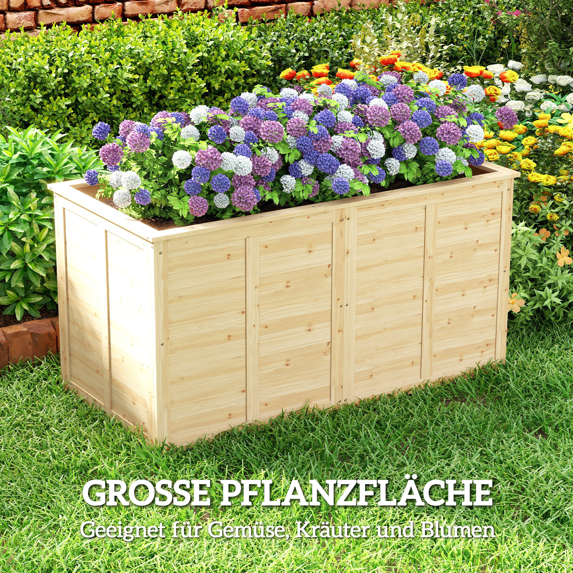 Hochbeet Holz 152 x 77 x 77 cm erhöhtes Tief Kräuterbeet mit Offenem Boden Verstärkungsstangen