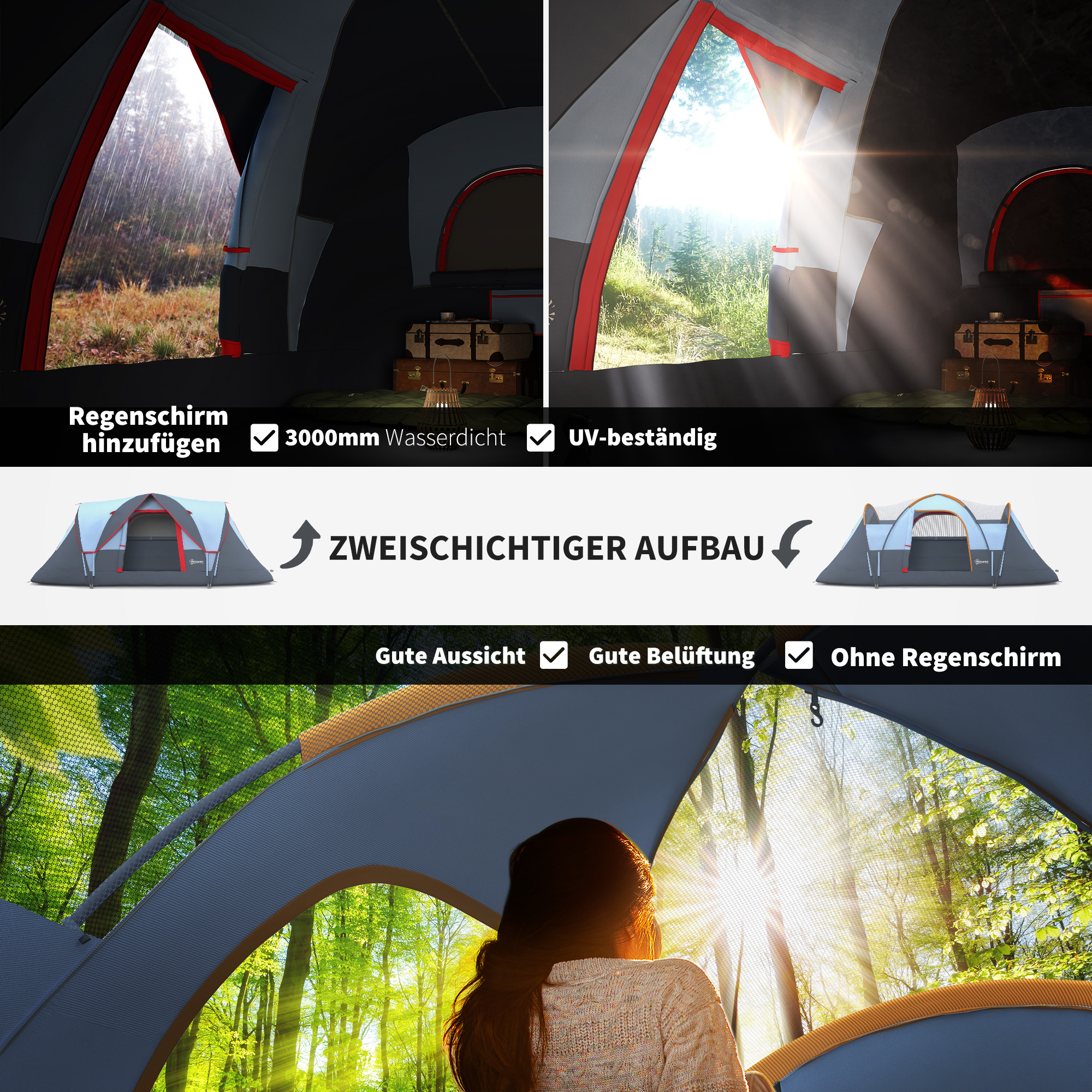 Campingzelt für 5-6 Personen stabil wasserdicht Familienzelt mit Eingang Fenster Packtasche, Zelt mit 3000mm Wassersäule Tunnelzelt Kuppelzelt für Camping Reise Garten, Hellgrau
