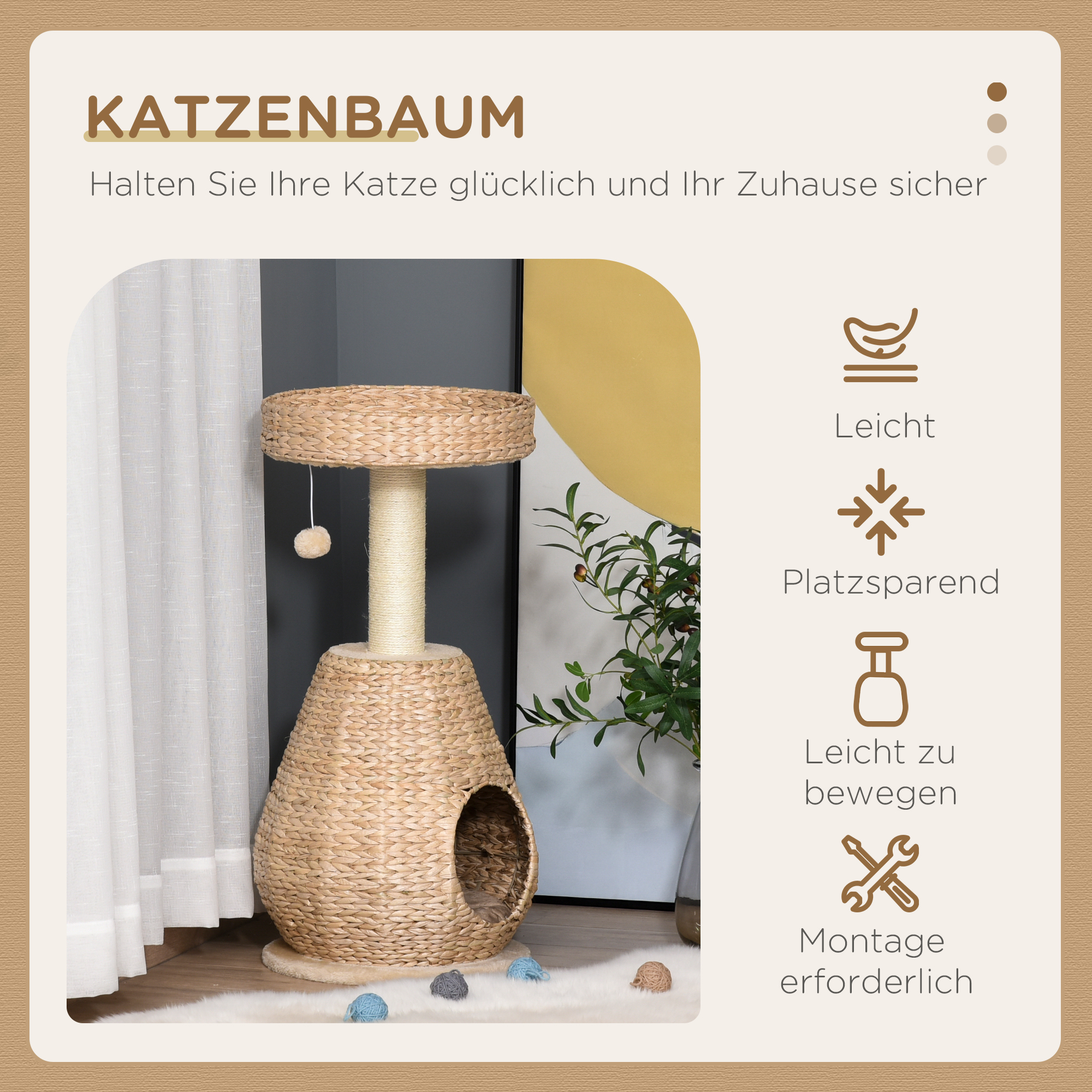 Katzenbaum Kratzbaum Kätzchen Möbel mit Katzenhöhle Ballspielzeug Sisal weiche Plüsch Höhe 82,5 cm Gelb
