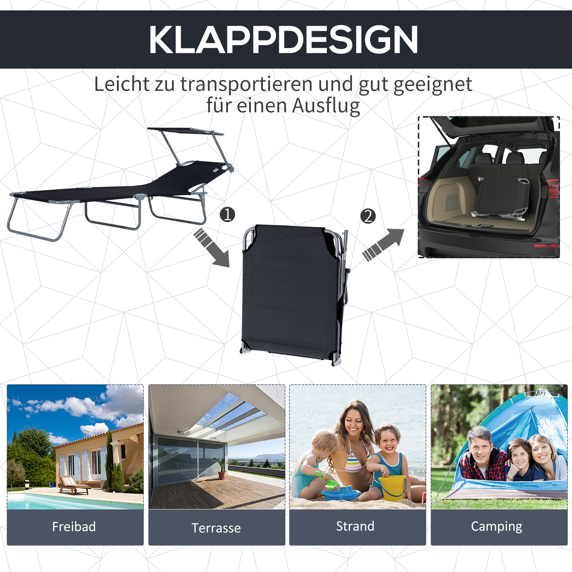 Sonnenliege klappbar Gartenliege mit Sonnenschutz Liegestuhl mit 4-Fach verstellbare Rückenlehne Campingliege bis 120kg belastbar für Garten, Balkon und Pool geeignet, 6 Farben(Schwarz )