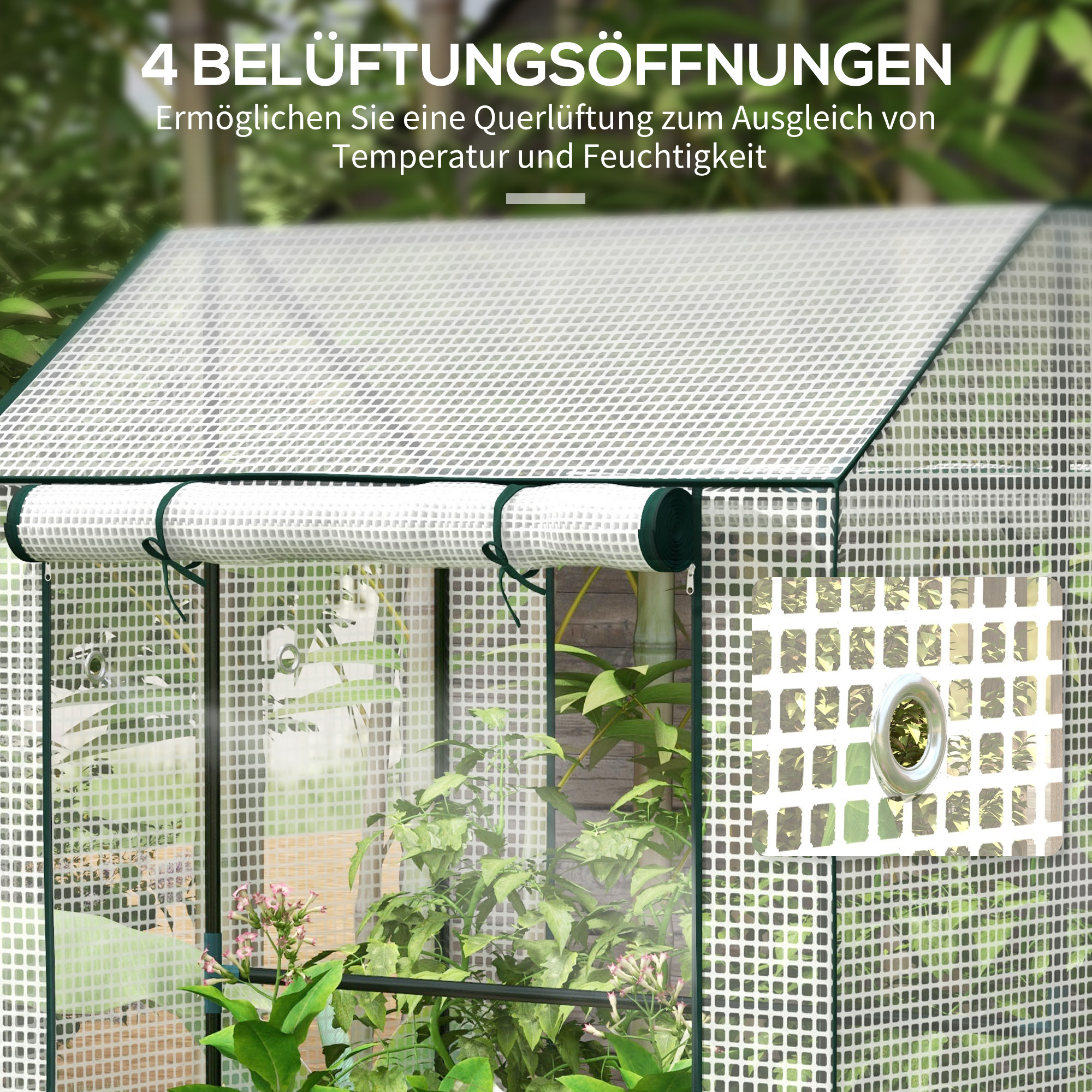 Gewächshaus Treibhaus Frühbeet, wetterbeständig, aufrollbare Tür, 100 cm x 80 cm x 150 cm, Weiß + Grün