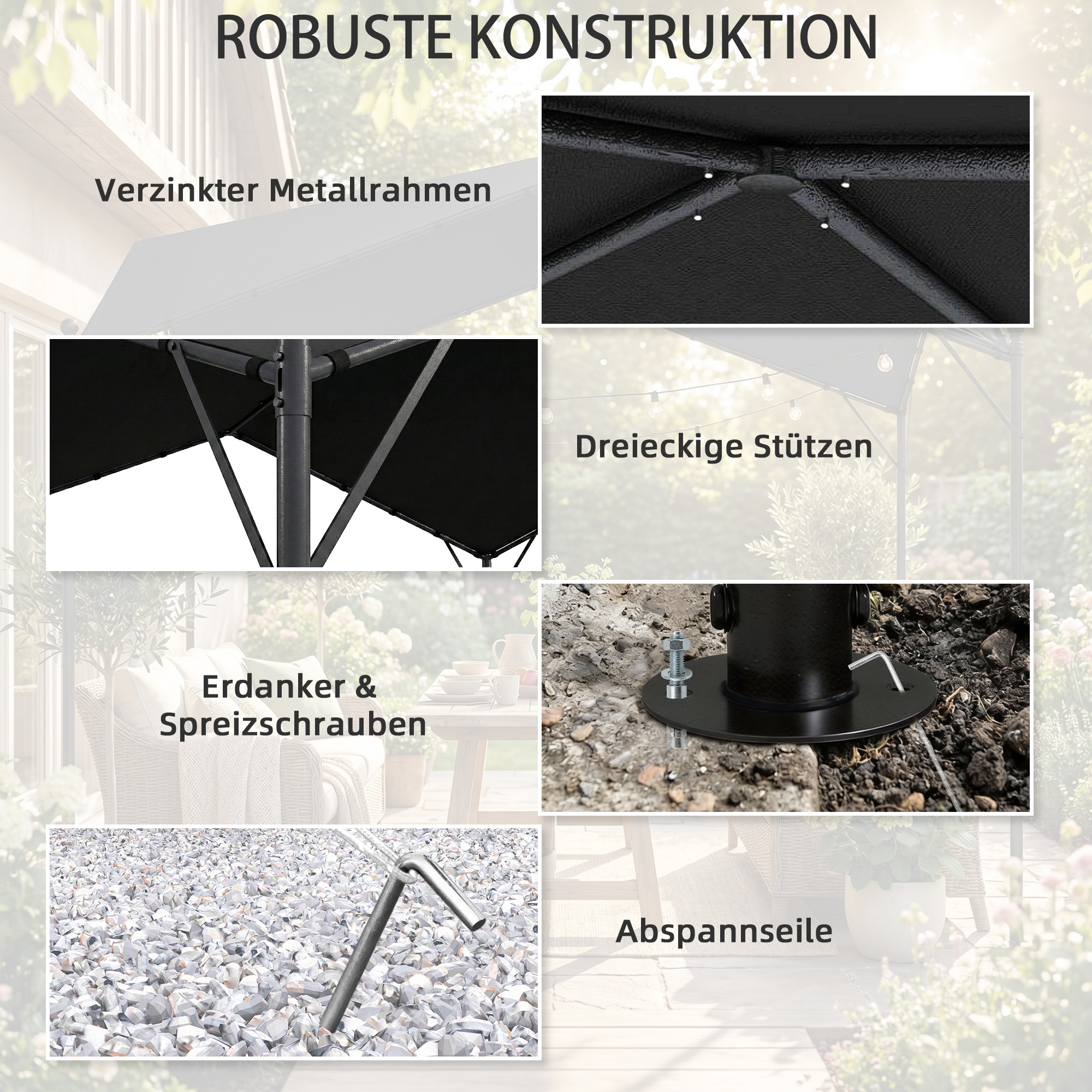 Pergola Pavillon 3x3m Wasserabweisend Stabil winterfest Sonnenschutz mit Satteldach Dreiecksverstrebungen