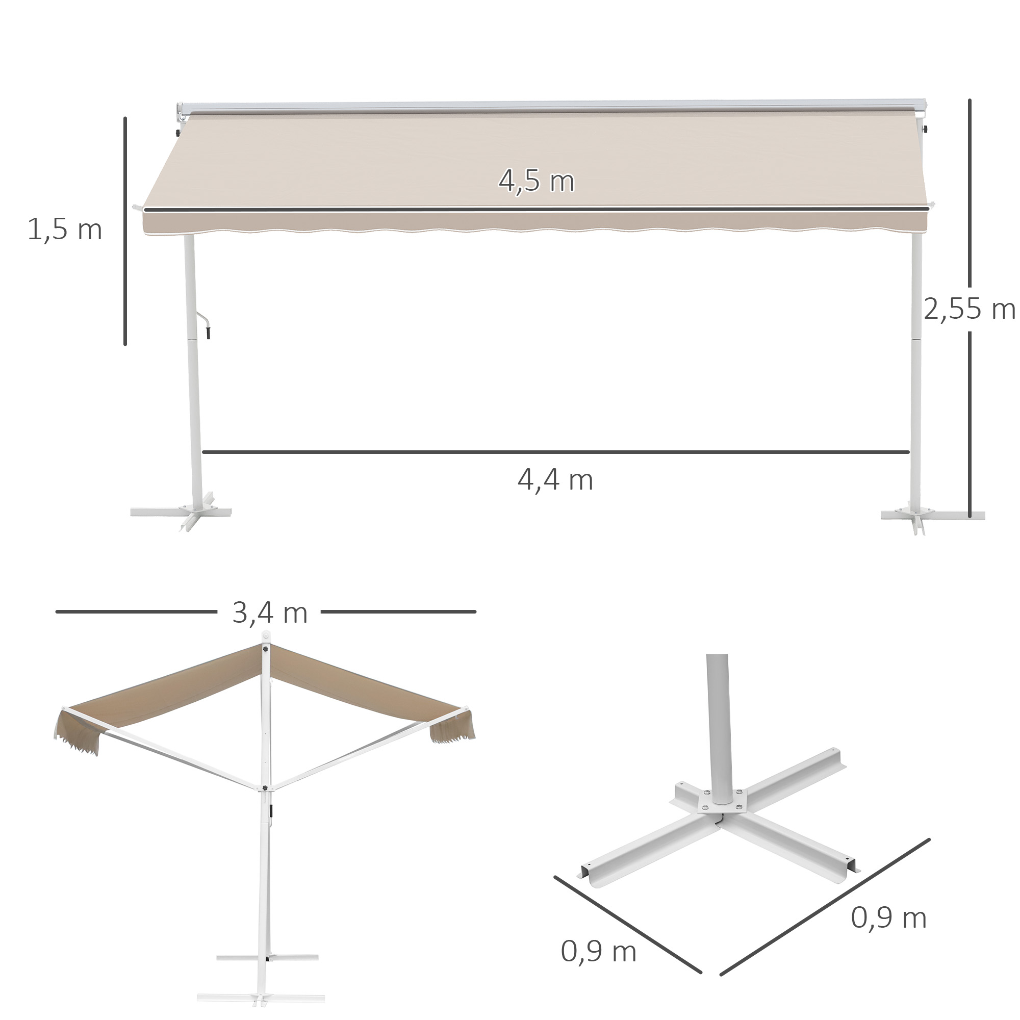 Standmarkise Markise 4,5 x 3,4m Terrassenüberdachung Gartenmarkise mit Faltarm Kurbel Terrasse Creme Alu Metall